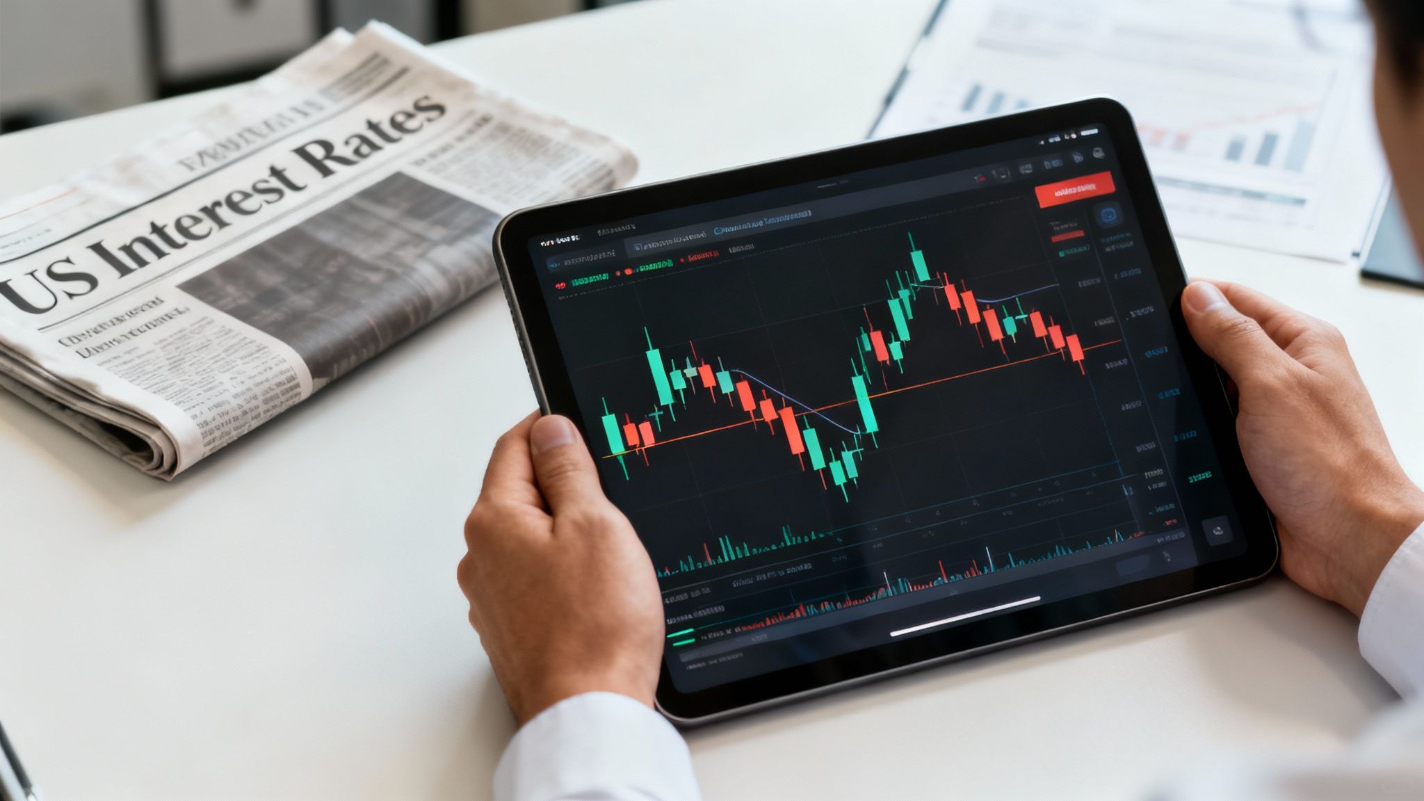 A person analyzing stock market charts on a tablet, with a newspaper on US interest rates.
