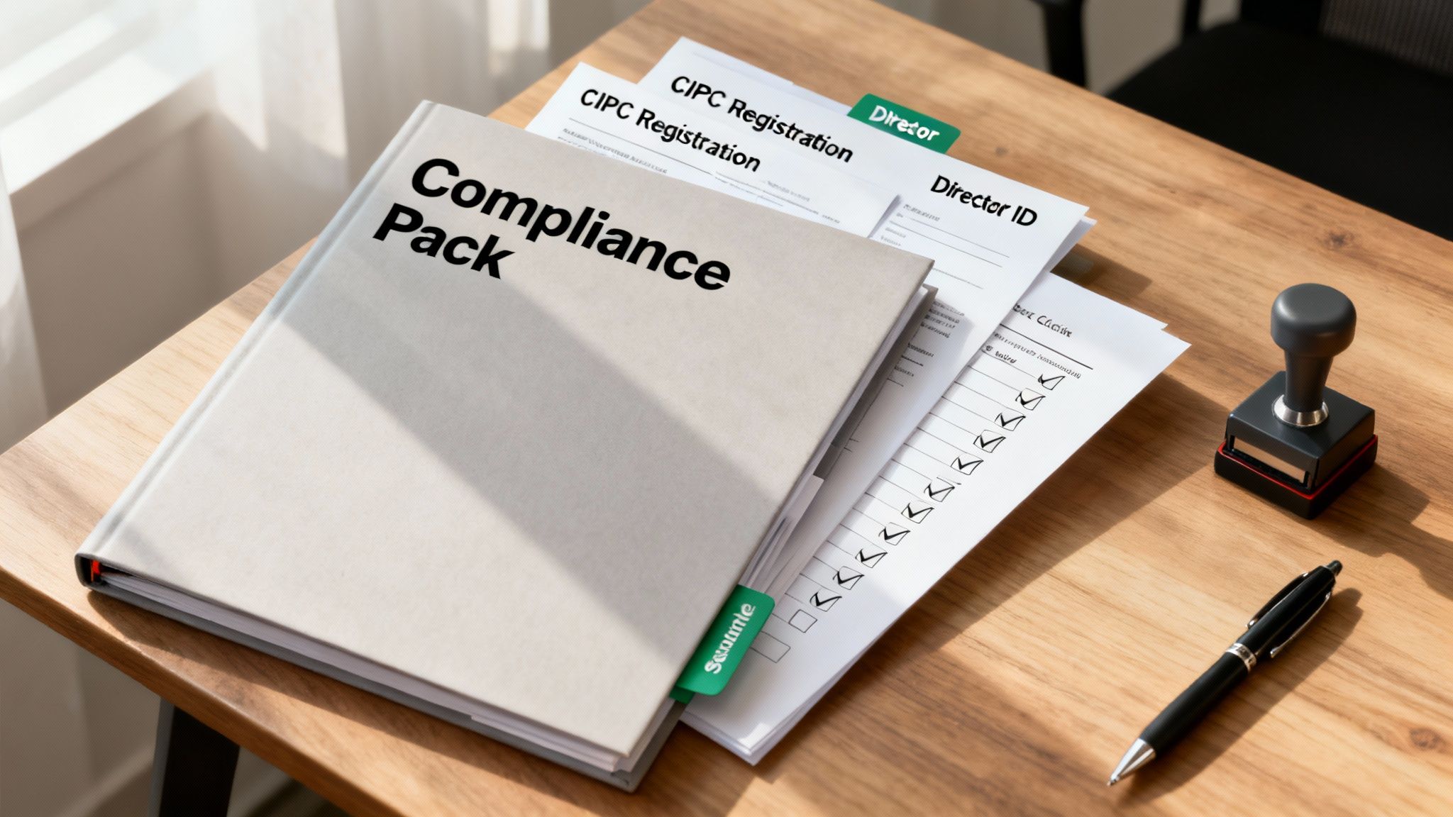 A 'Compliance Pack' binder with forms like CIPC Registration and Director ID on a wooden desk.