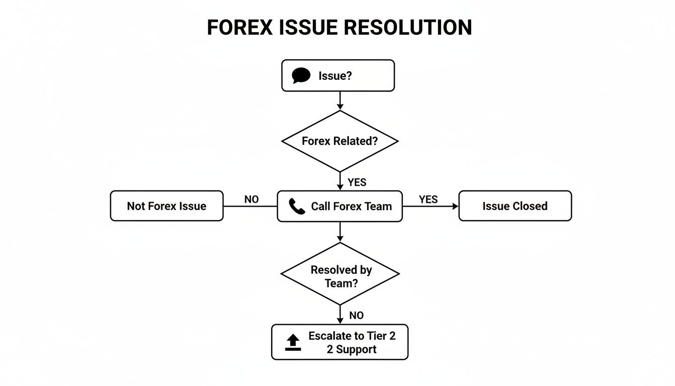 Forex issue resolution flowchart outlining steps from issue identification to escalation or closure.