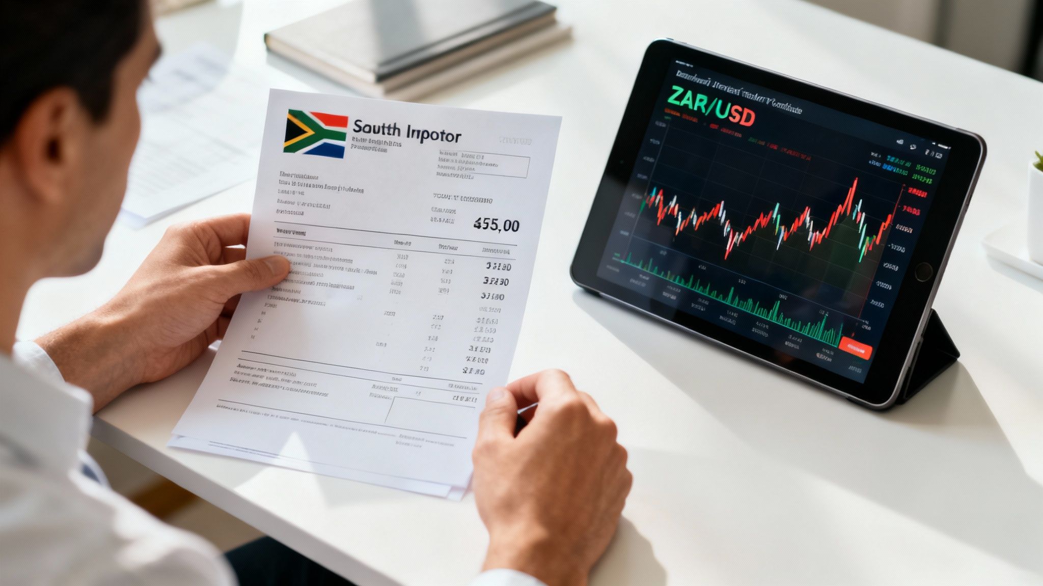 A South African business owner reviewing fluctuating currency charts on a tablet, with shipping containers in the background.
