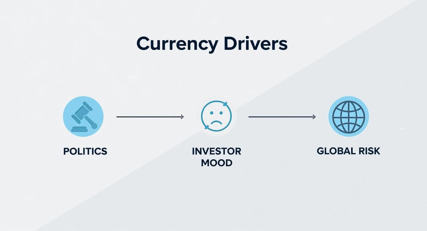 Infographic showing key drivers of currency exchange rates including politics, investor mood, and global risk.