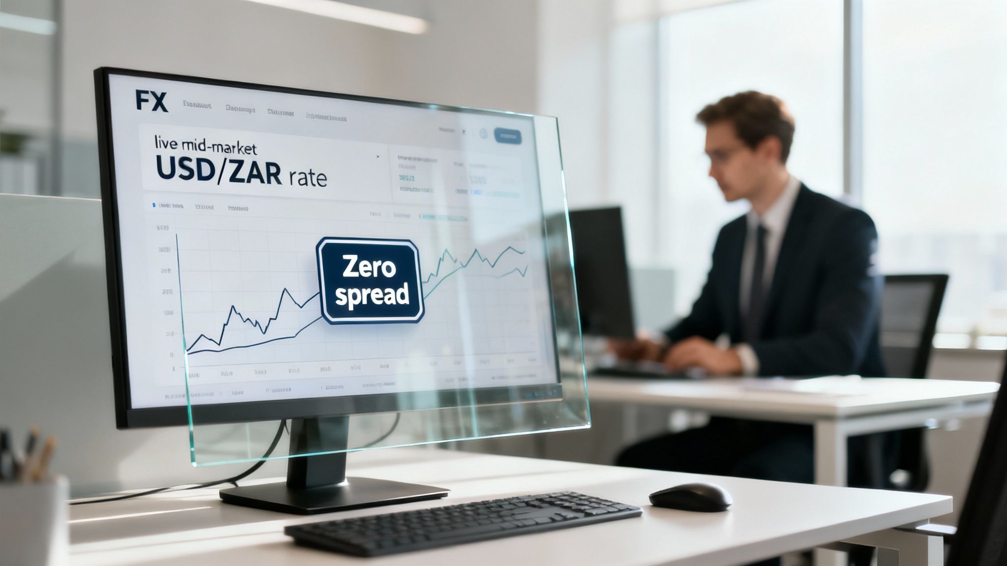 A man in an office looking at a transparent monitor displaying a live USD/ZAR rate chart with 'Zero spread'.