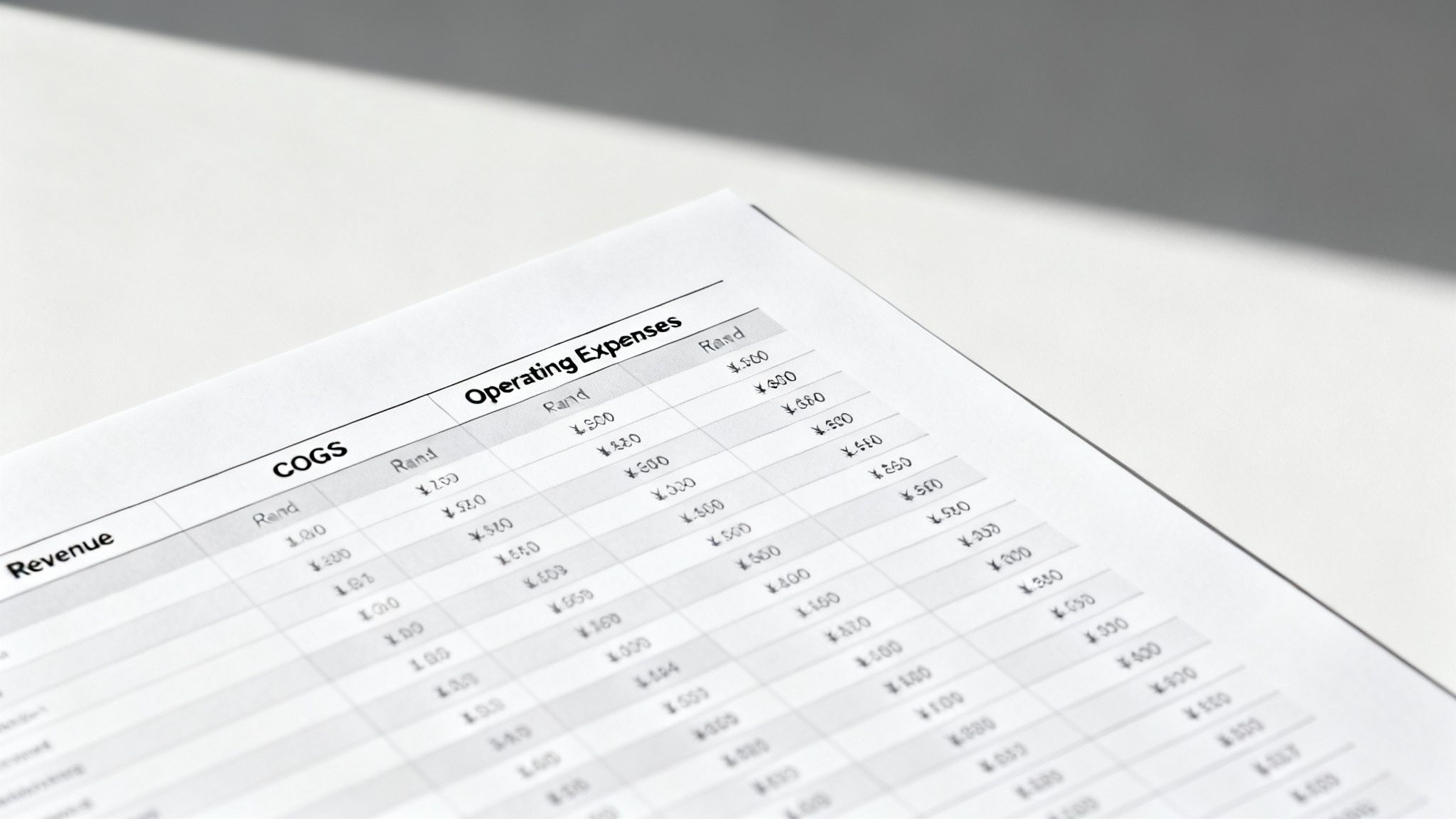 Screenshot showing a well-structured Excel sheet with columns for Date, Product Name, Units Sold, Price, Revenue, Cost, and COGS.
