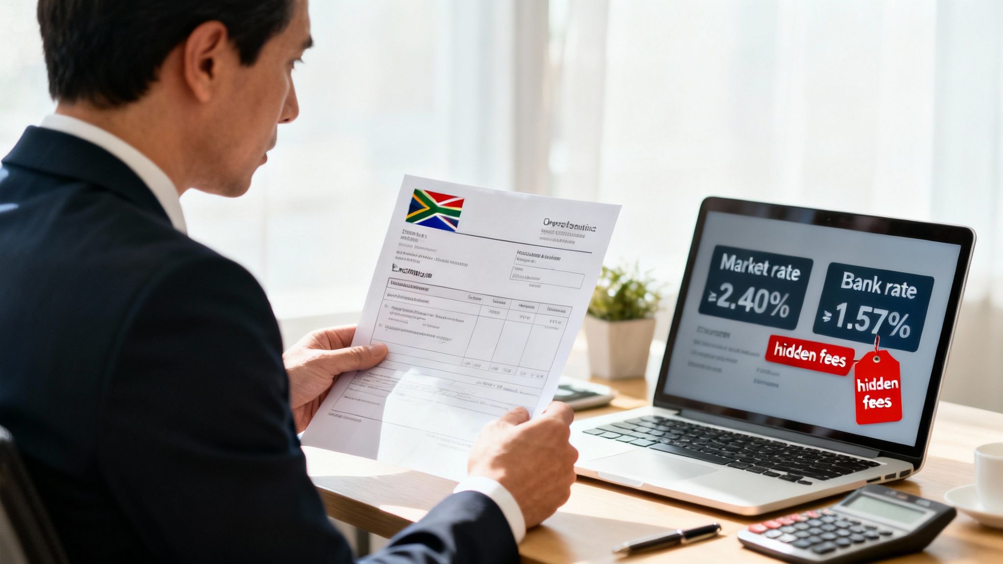 A man reviews a South African financial document while a laptop shows market and bank rates with hidden fees.