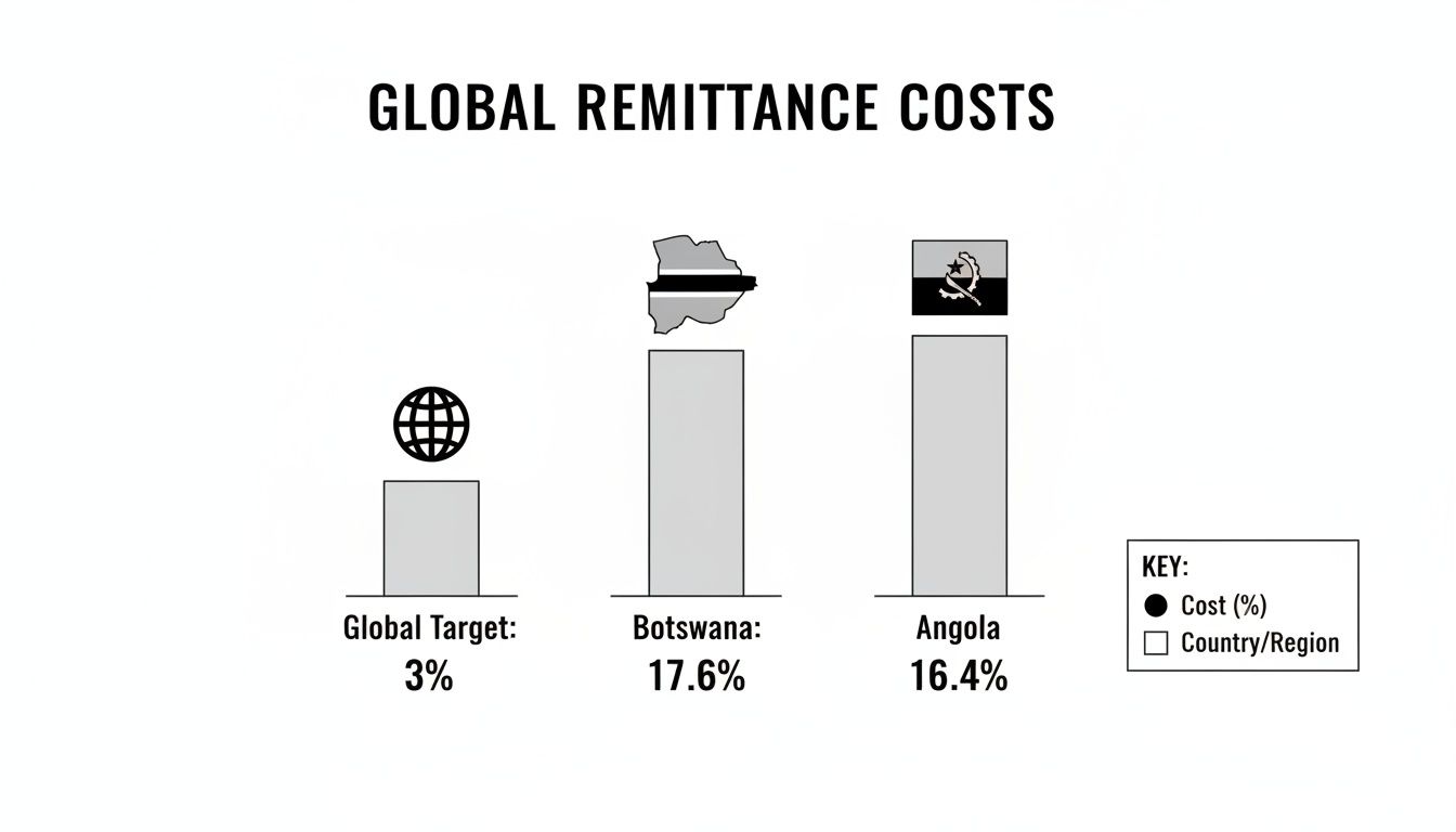 Bar chart comparing global remittance costs, showing high costs for Botswana and Angola versus the global target.