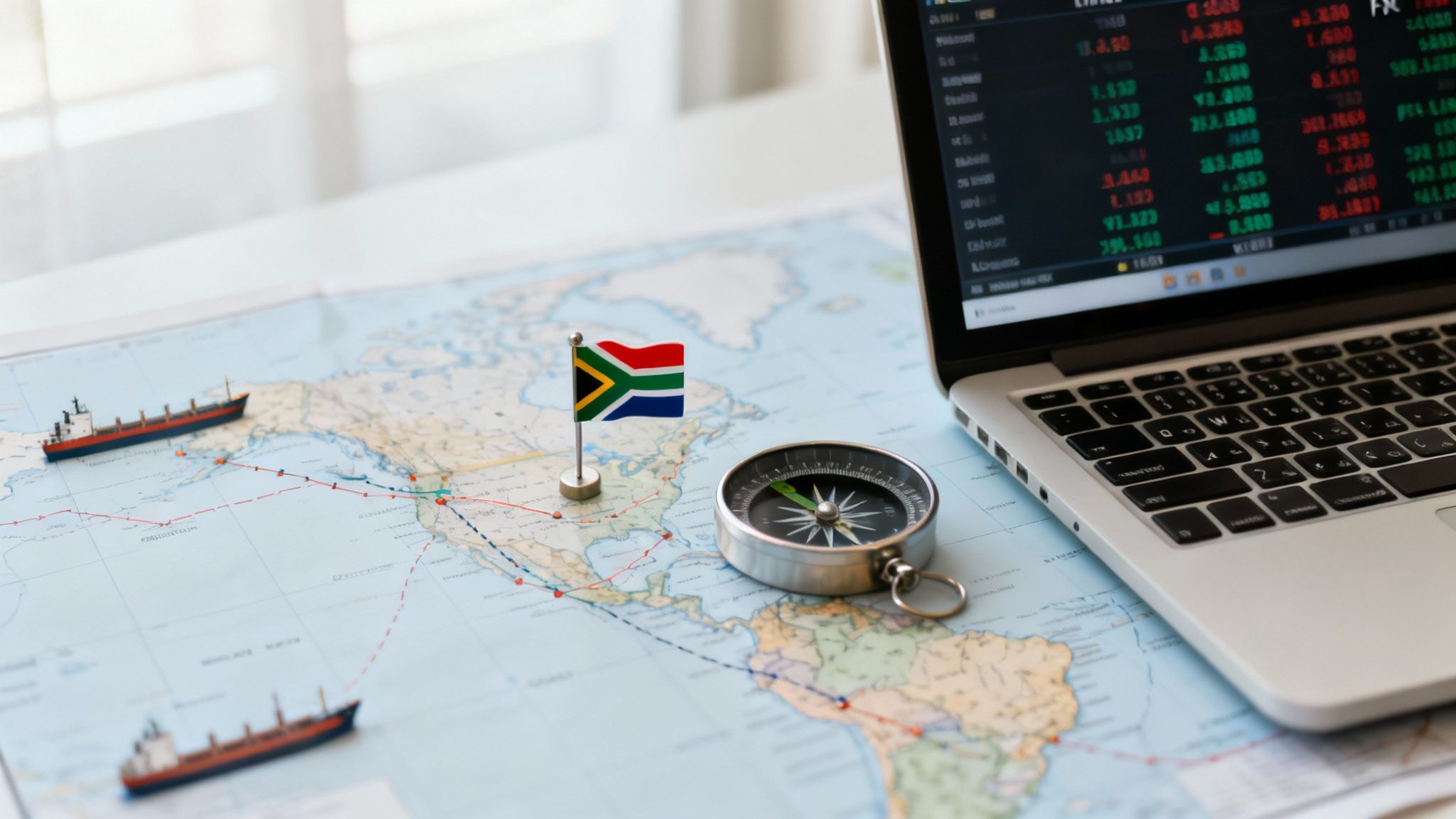 A world map with miniature ships, a South African flag, a compass, and a laptop showing financial data.