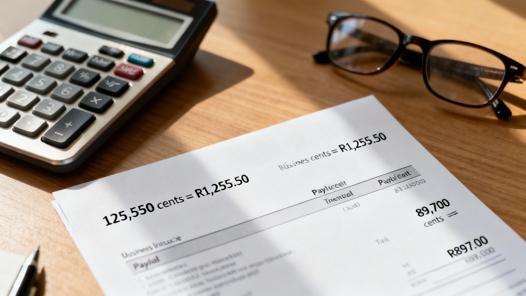 A financial document on a wooden desk showing cents to Rands conversion with a calculator and glasses.