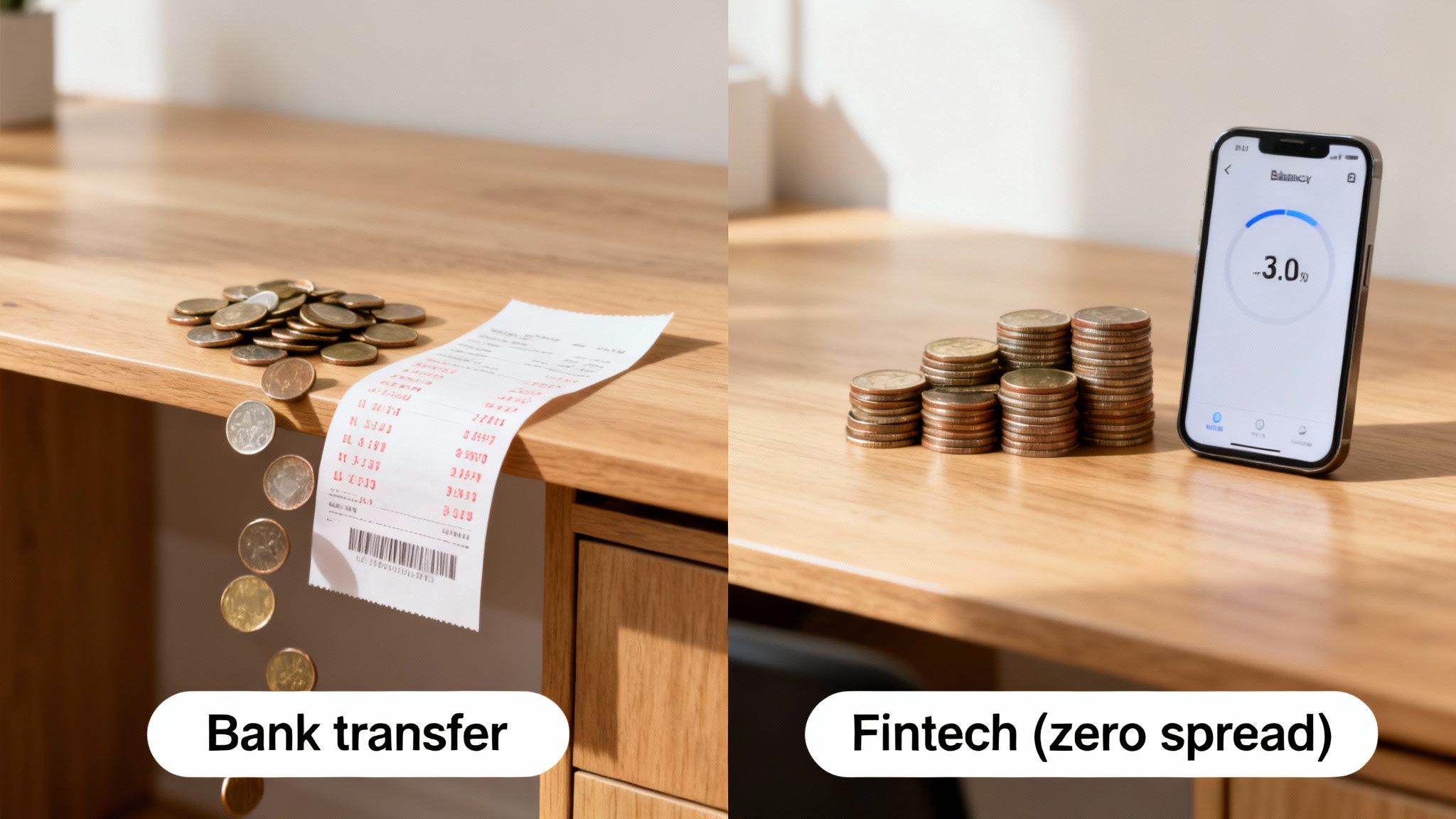 Illustrates the cost difference between traditional bank transfers (falling coins) and efficient fintech solutions (stacked coins, app).