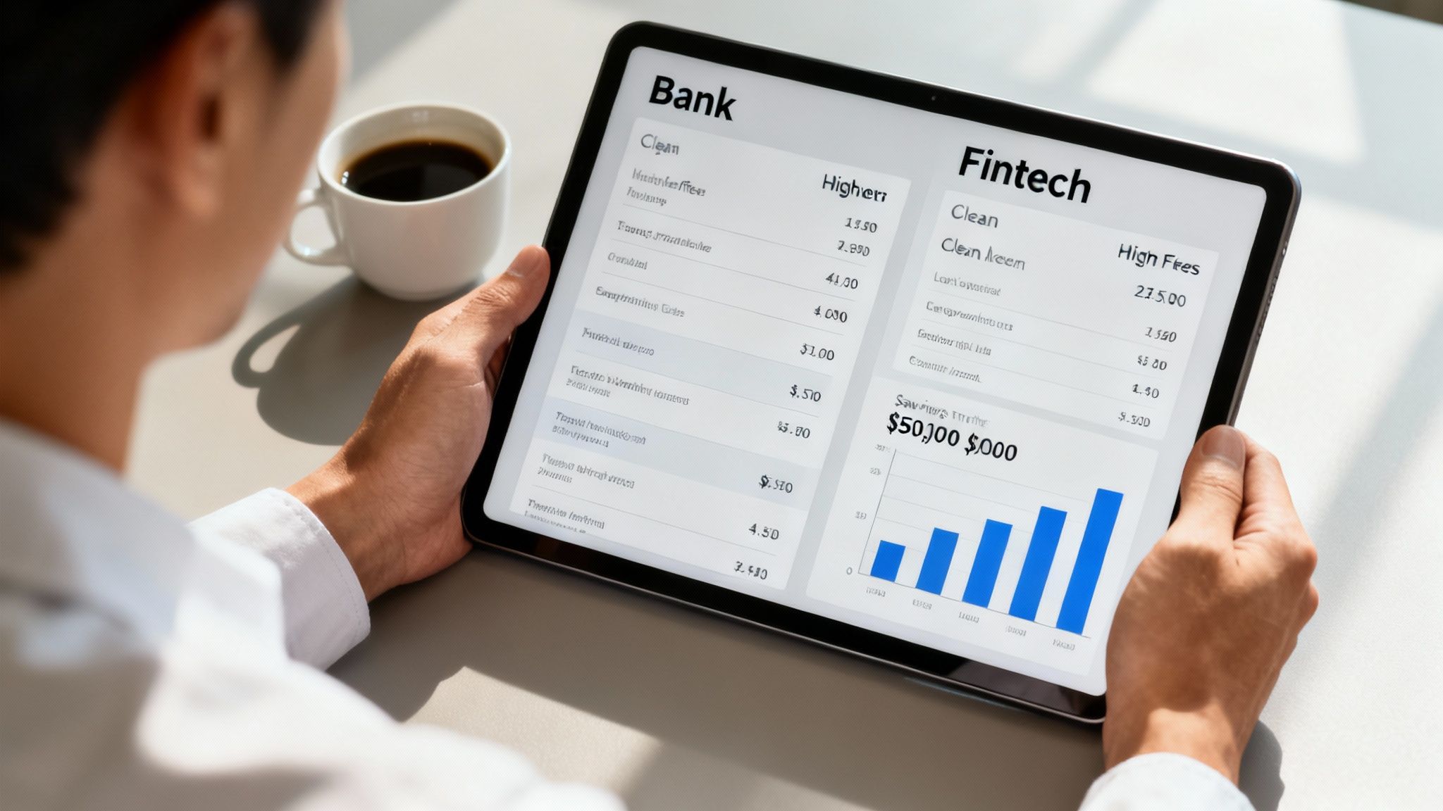 Person holding a tablet displaying financial data comparing bank and fintech services with a savings chart.