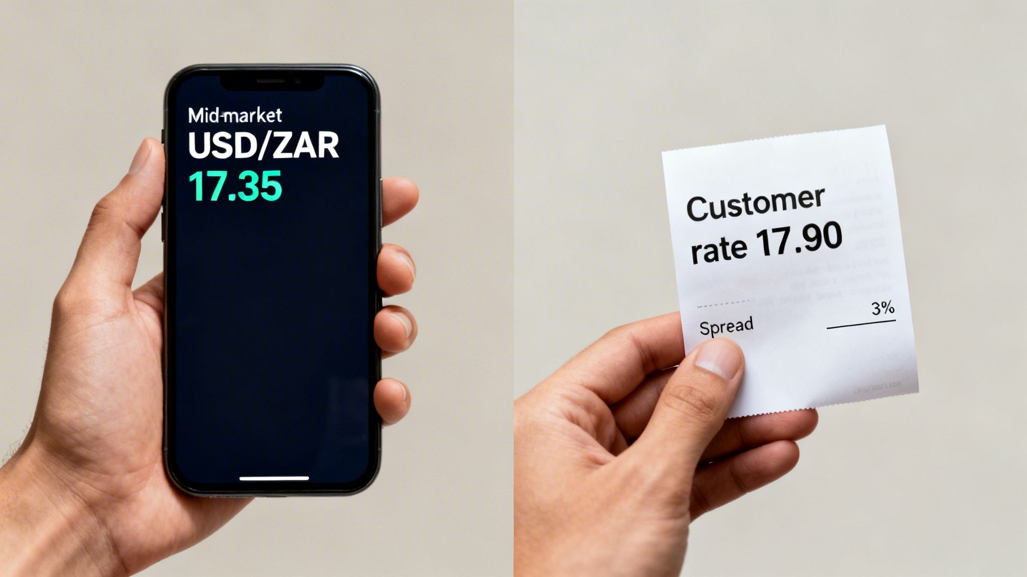Hands holding a smartphone displaying mid-market USD/ZAR rate and a receipt showing customer exchange rate and spread.