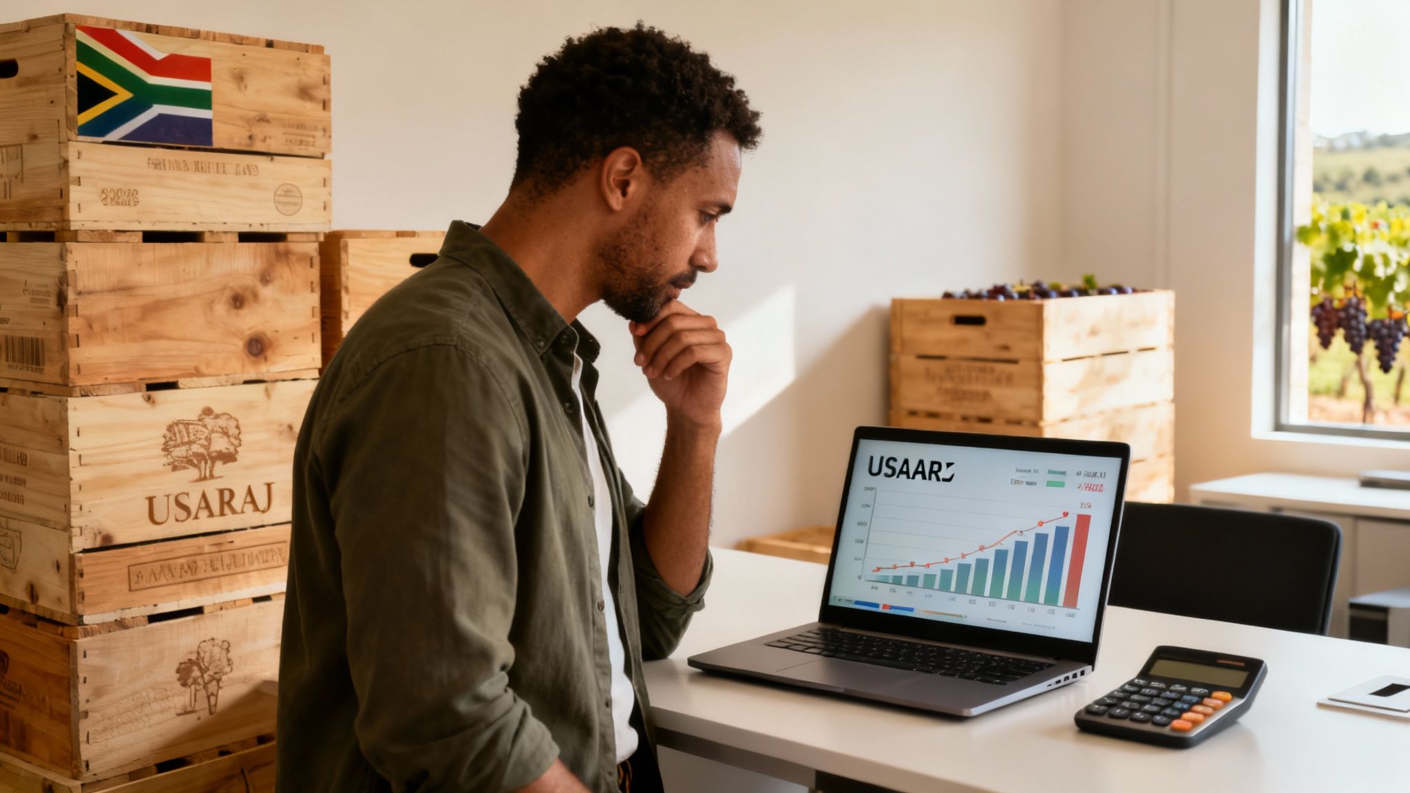 Man analyzing business growth on a laptop, surrounded by wooden crates and a vineyard.