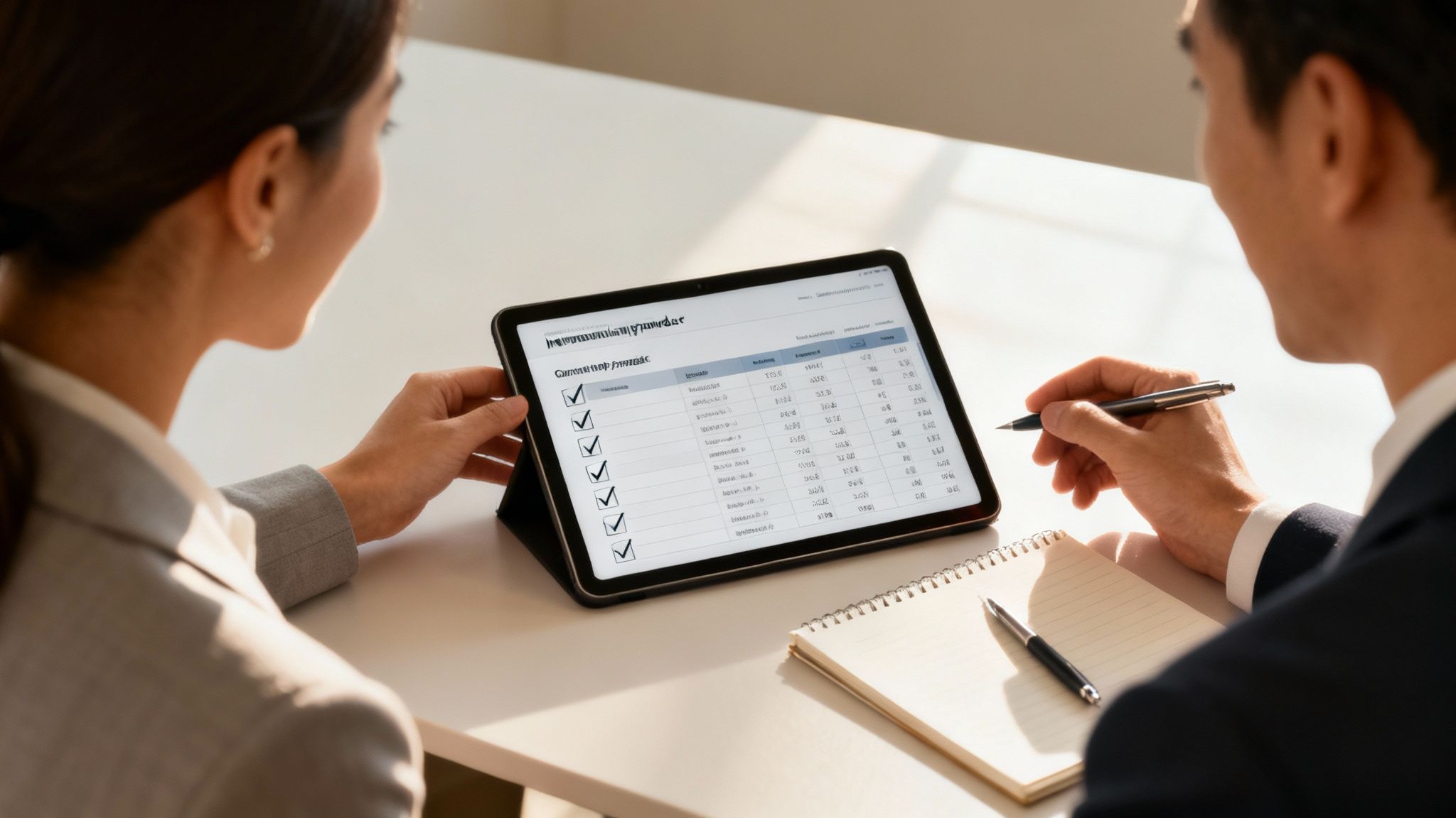 Two business professionals collaborating on a tablet displaying financial data, with one taking notes.