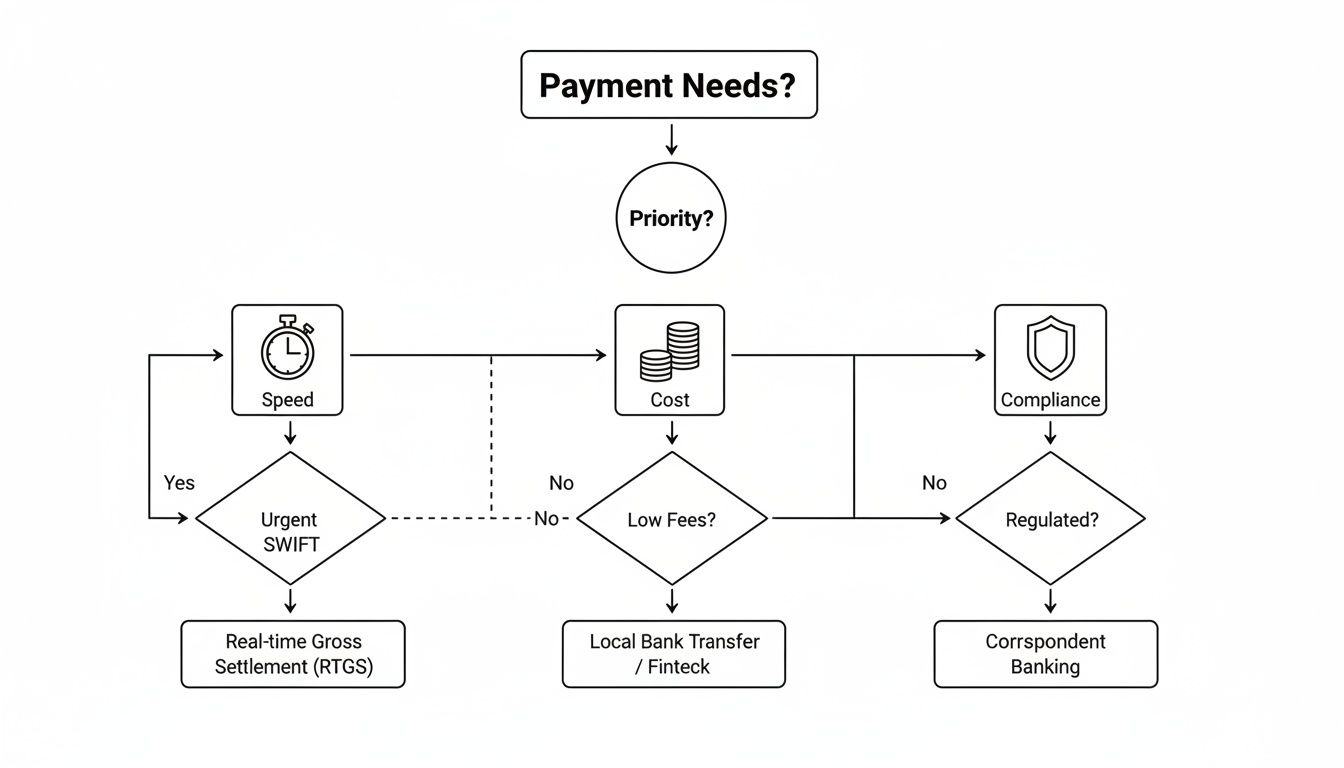 Flowchart illustrating payment methods based on priorities like speed, cost, and compliance needs.