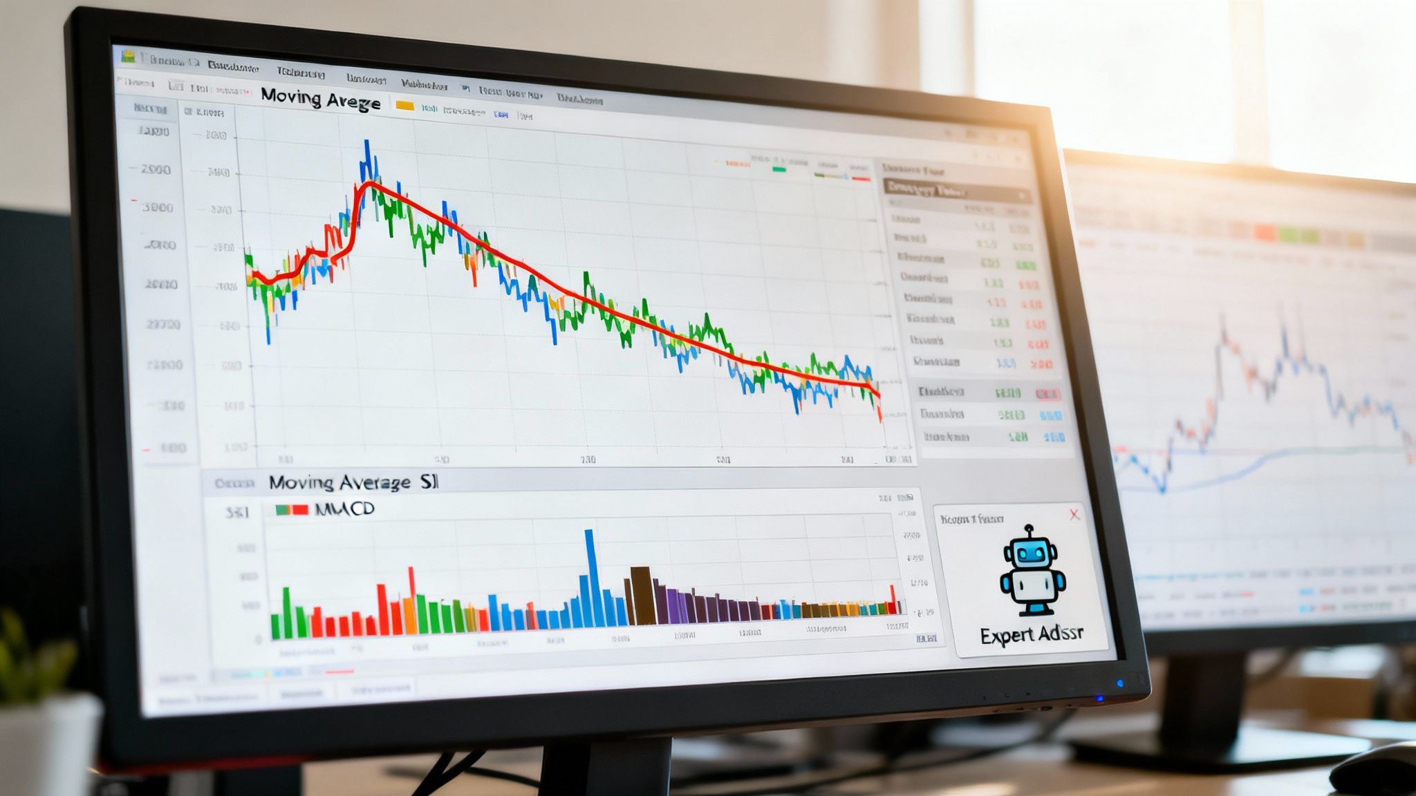 Two computer monitors display stock market charts with a moving average and indicators, plus an expert advisor pop-up.