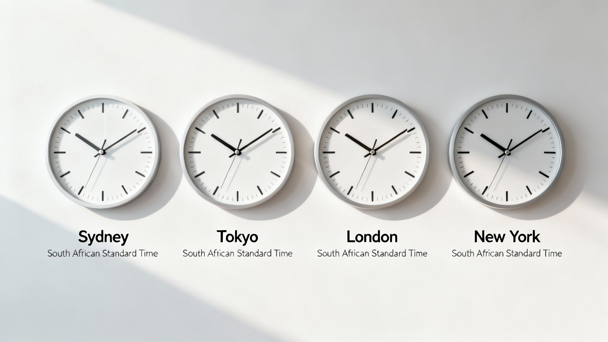 A world map highlighting the key financial centres of Sydney, Tokyo, London, and New York, with connecting lines illustrating the 24-hour forex market cycle.