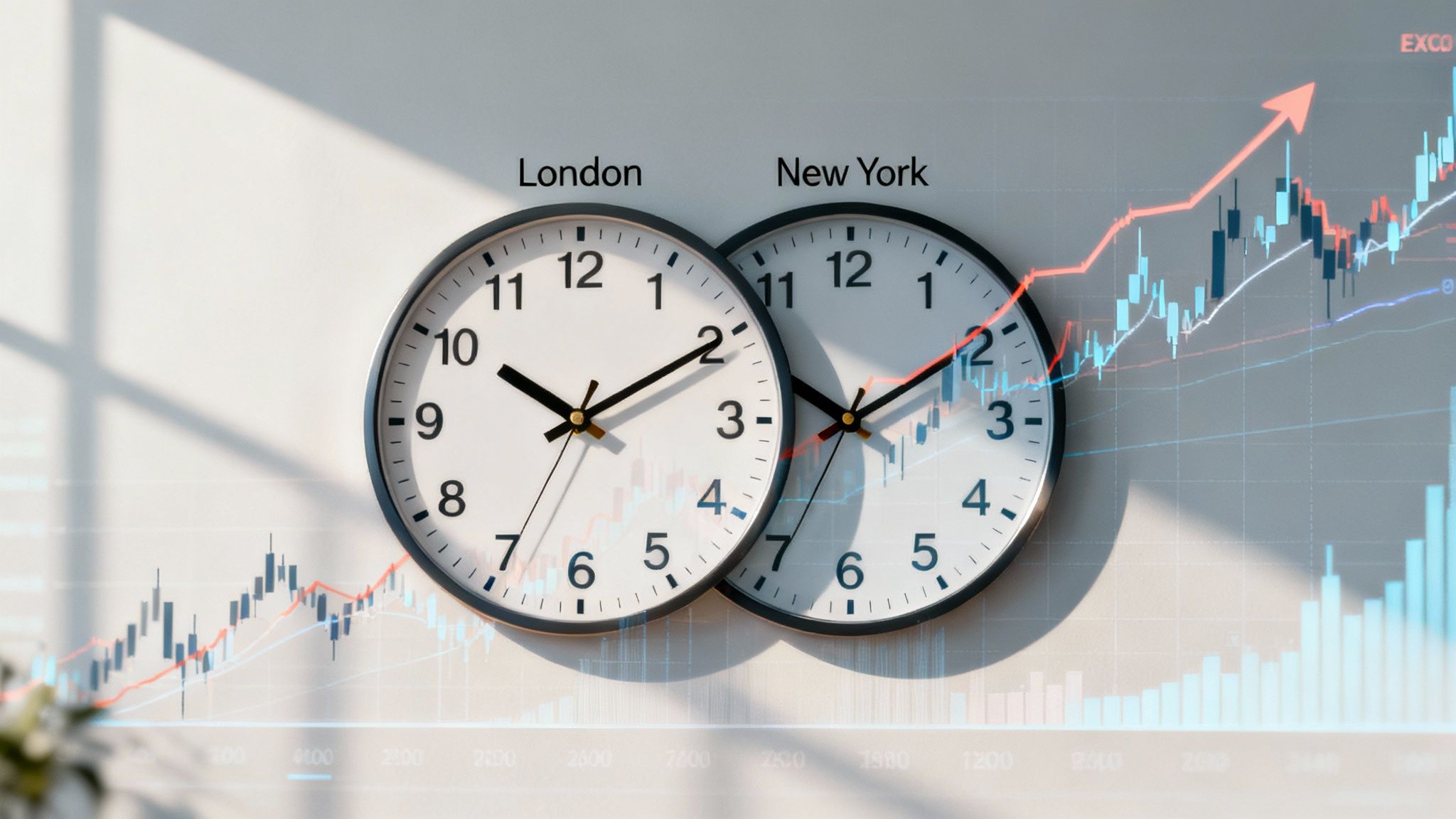 A dynamic chart showing two overlapping waves, one representing the London session and the other the New York session, with a peak where they intersect.
