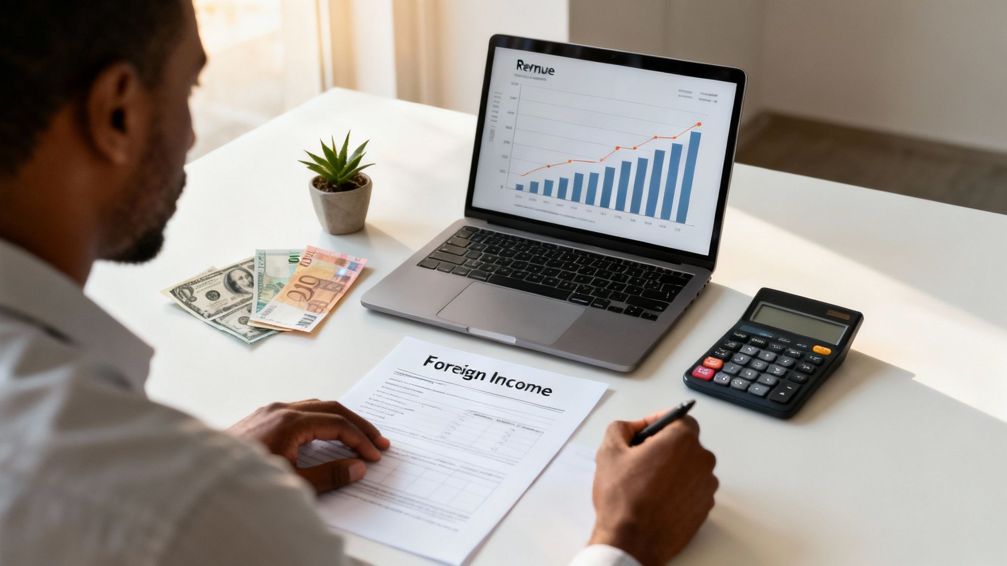 A person reviews foreign income documents with a laptop displaying a revenue chart and currency.