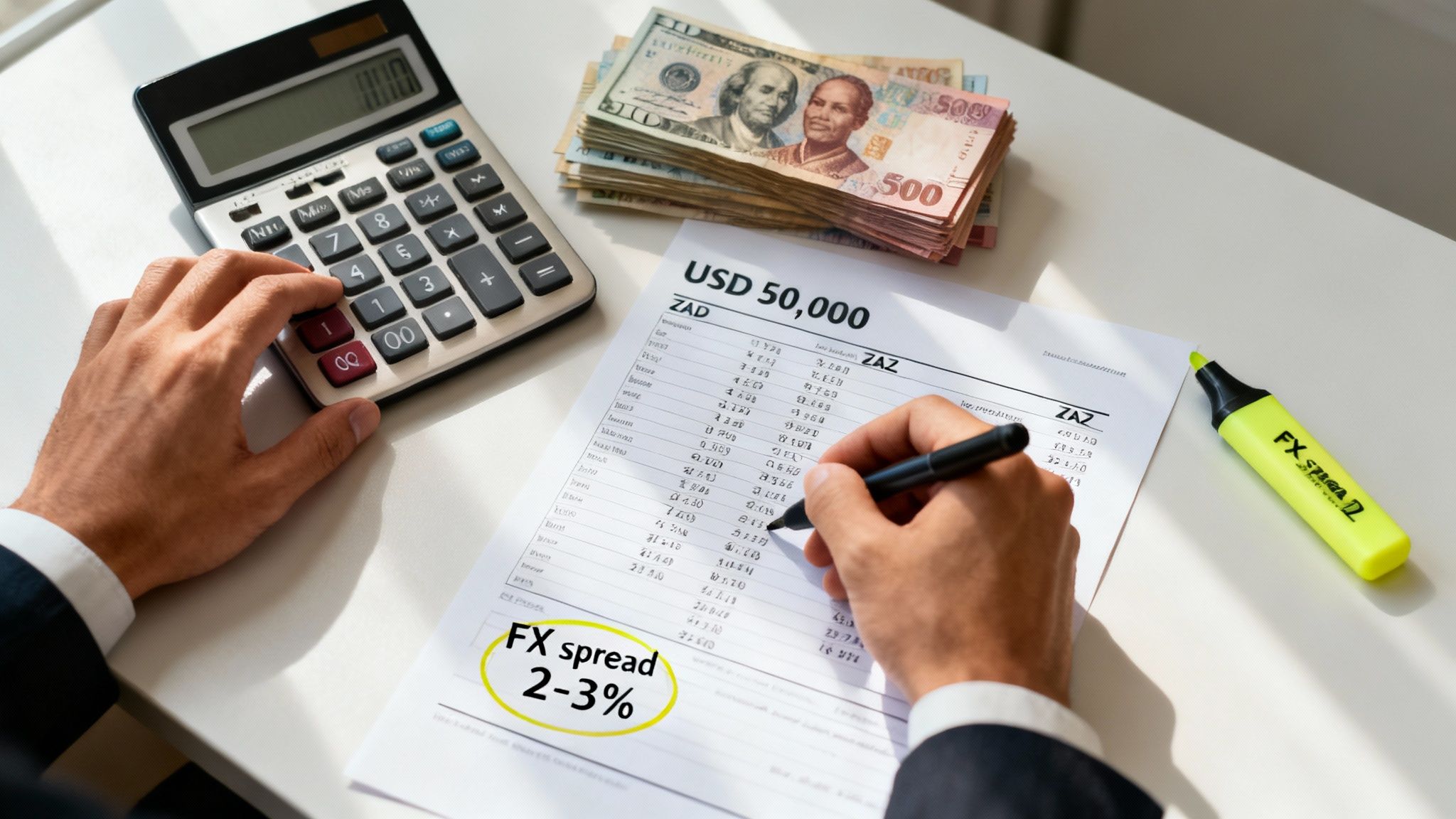 A person calculates foreign exchange rates on a document with USD 50,000 and currency notes, highlighting FX spread.