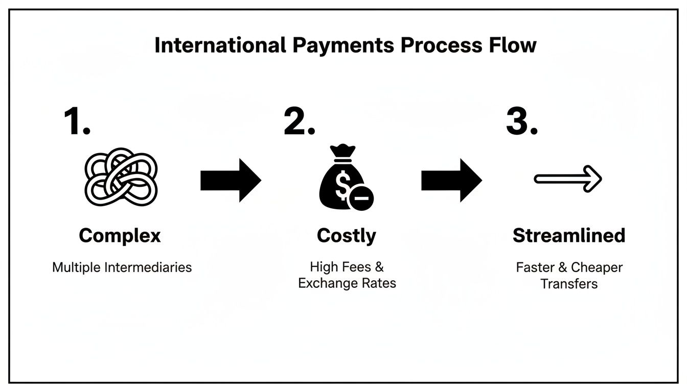 Flowchart showing international payments evolving from complex and costly to streamlined, with faster and cheaper transfers.