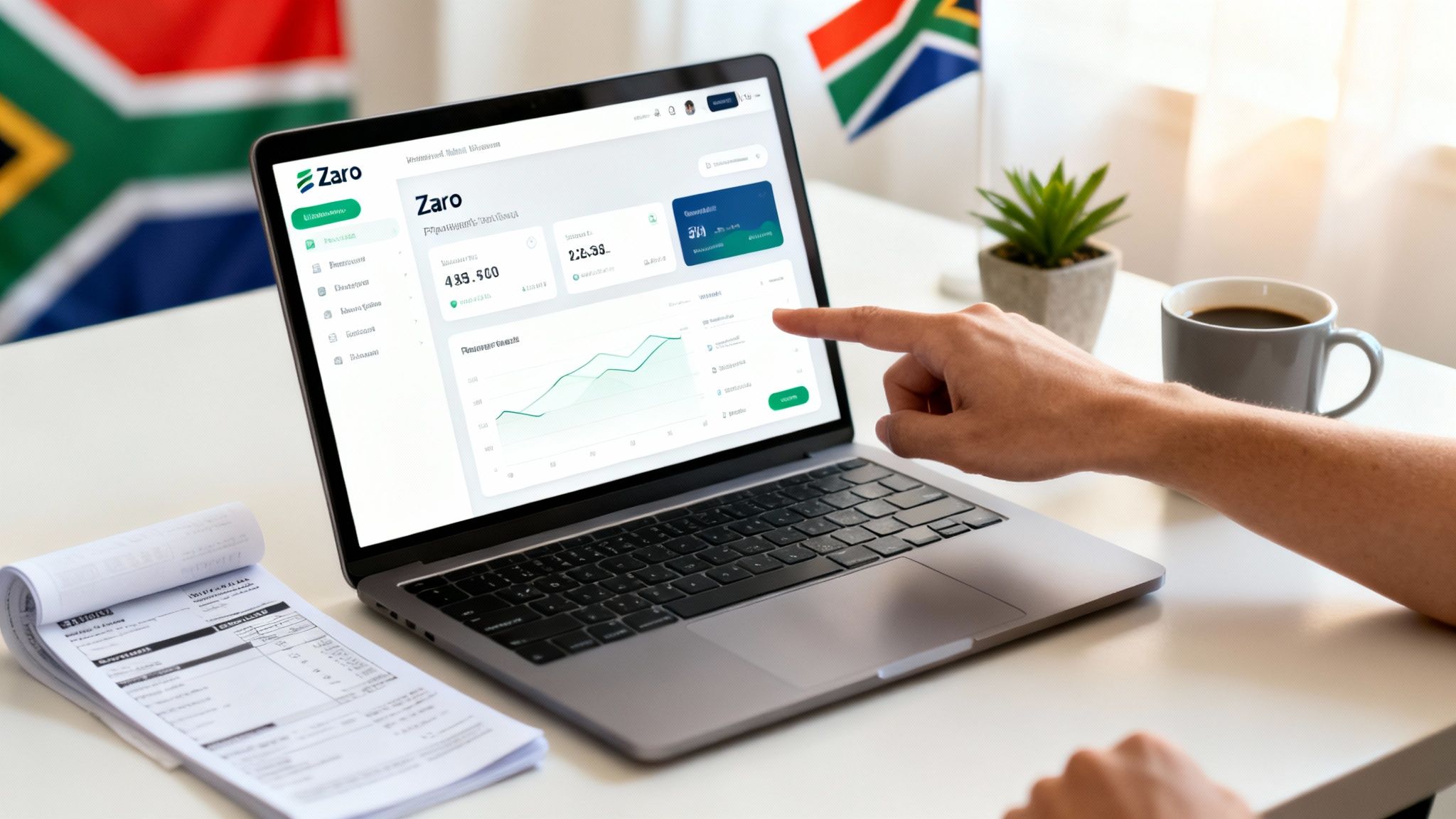 A person's hand points at a laptop screen displaying a 'Zaro' financial dashboard with charts.