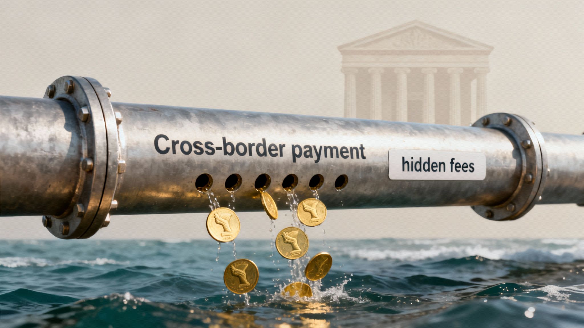 A metal pipe labeled "Cross-border payment" leaks gold coins and water into the ocean, symbolizing "hidden fees".