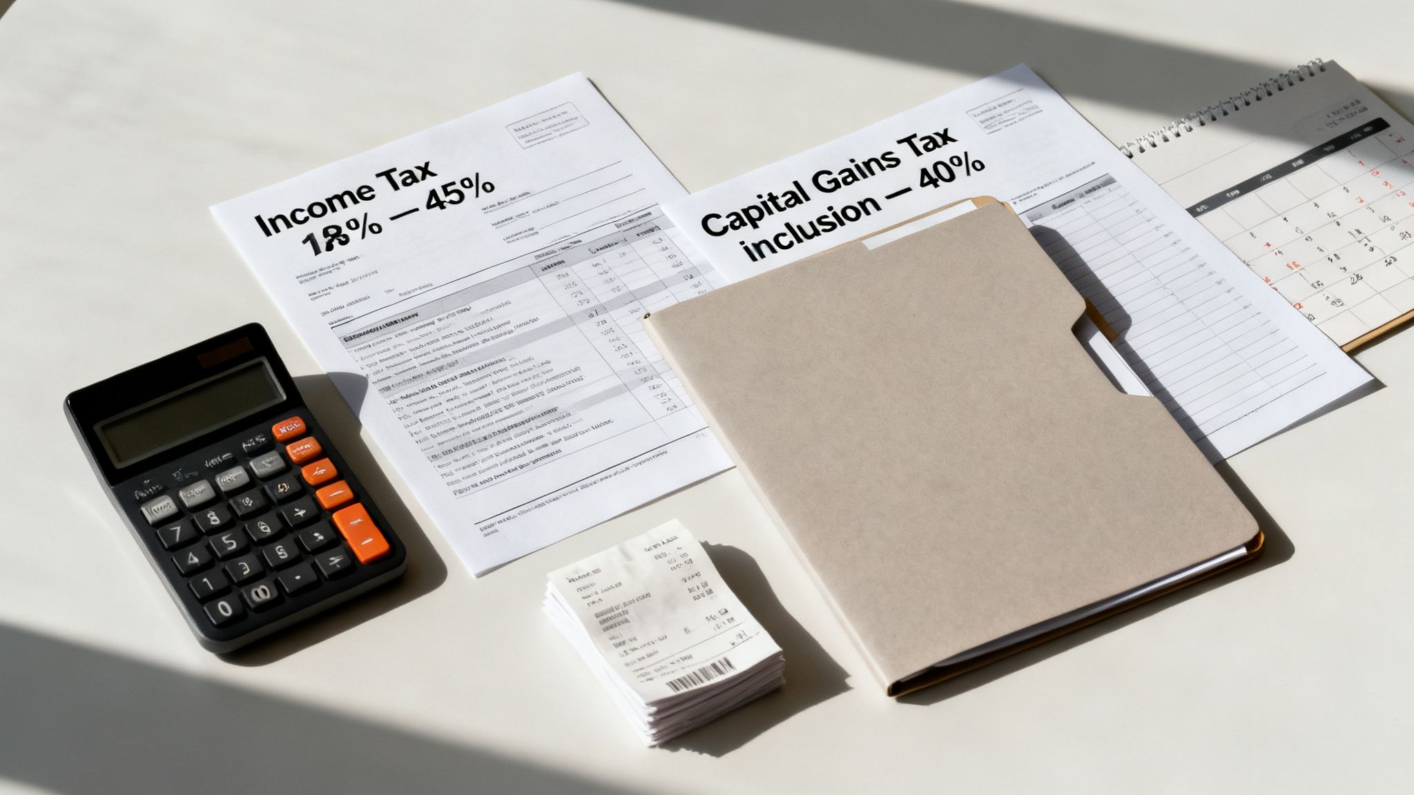 Desk setup with tax forms, a calculator, receipts, and a calendar for financial planning.
