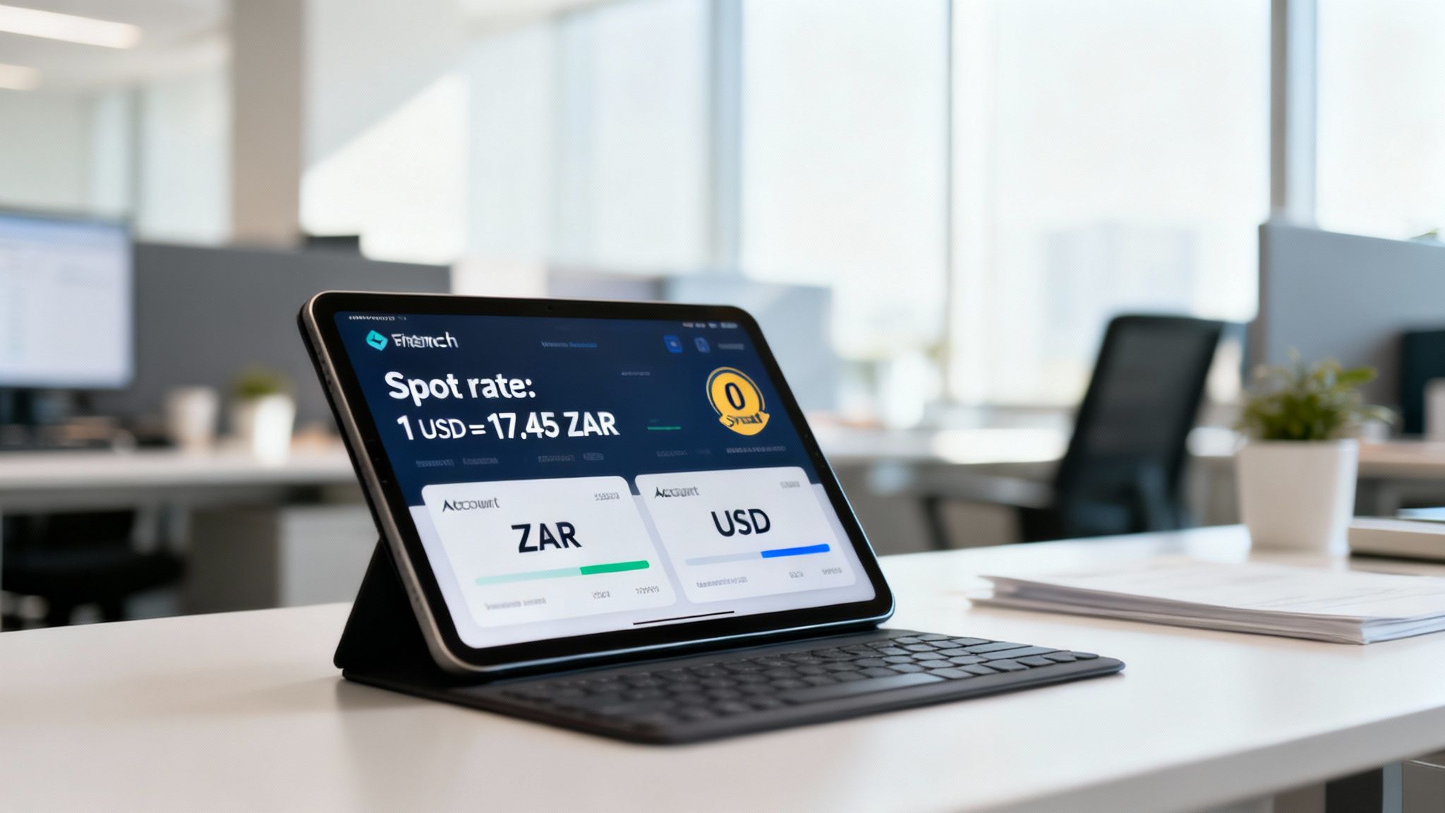A tablet on a desk displays a fintech app showing forex rates and account balances in an office.