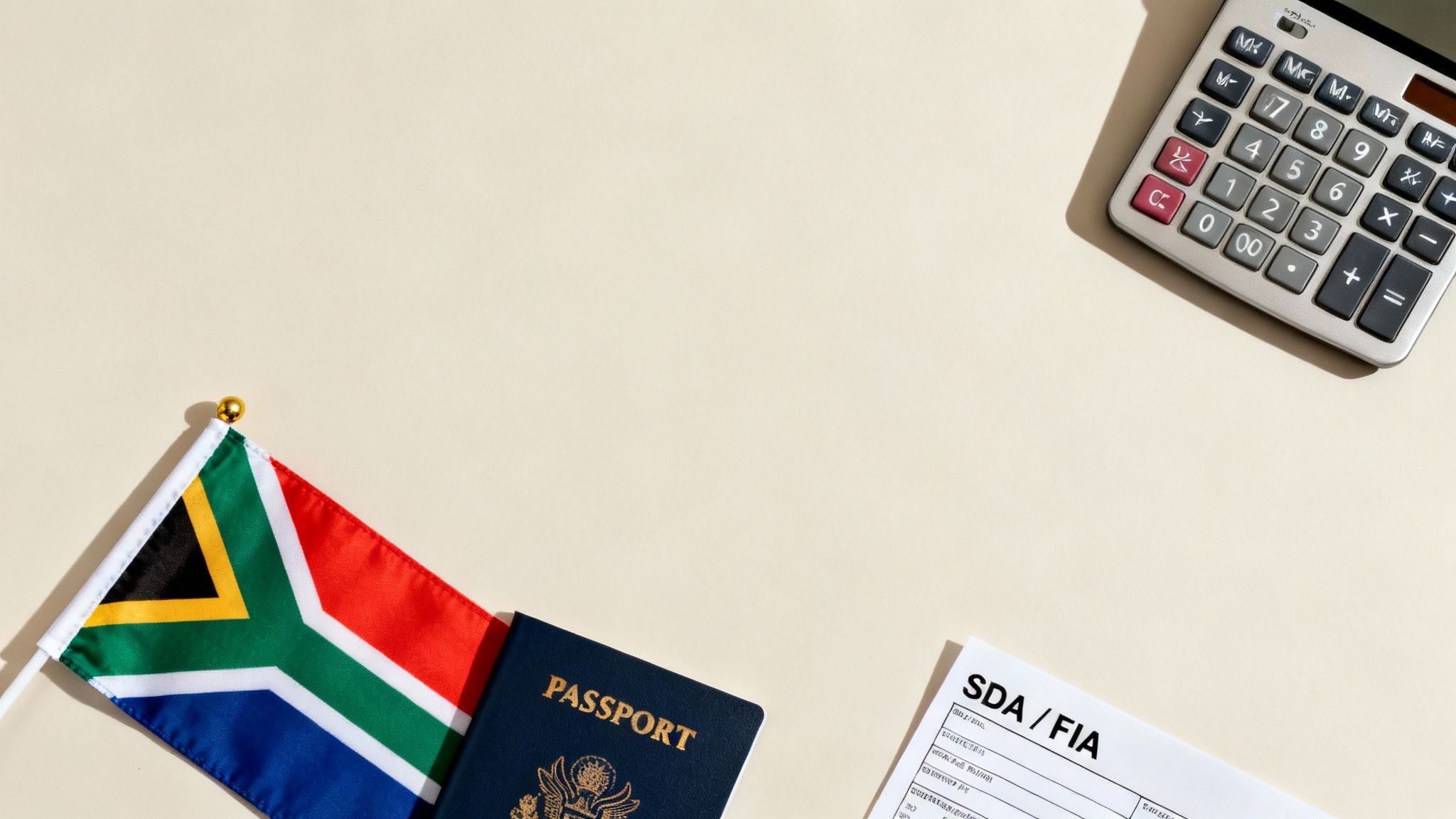 A magnifying glass focusing on currency symbols and an arrow pointing out of South Africa, representing foreign exchange regulations.