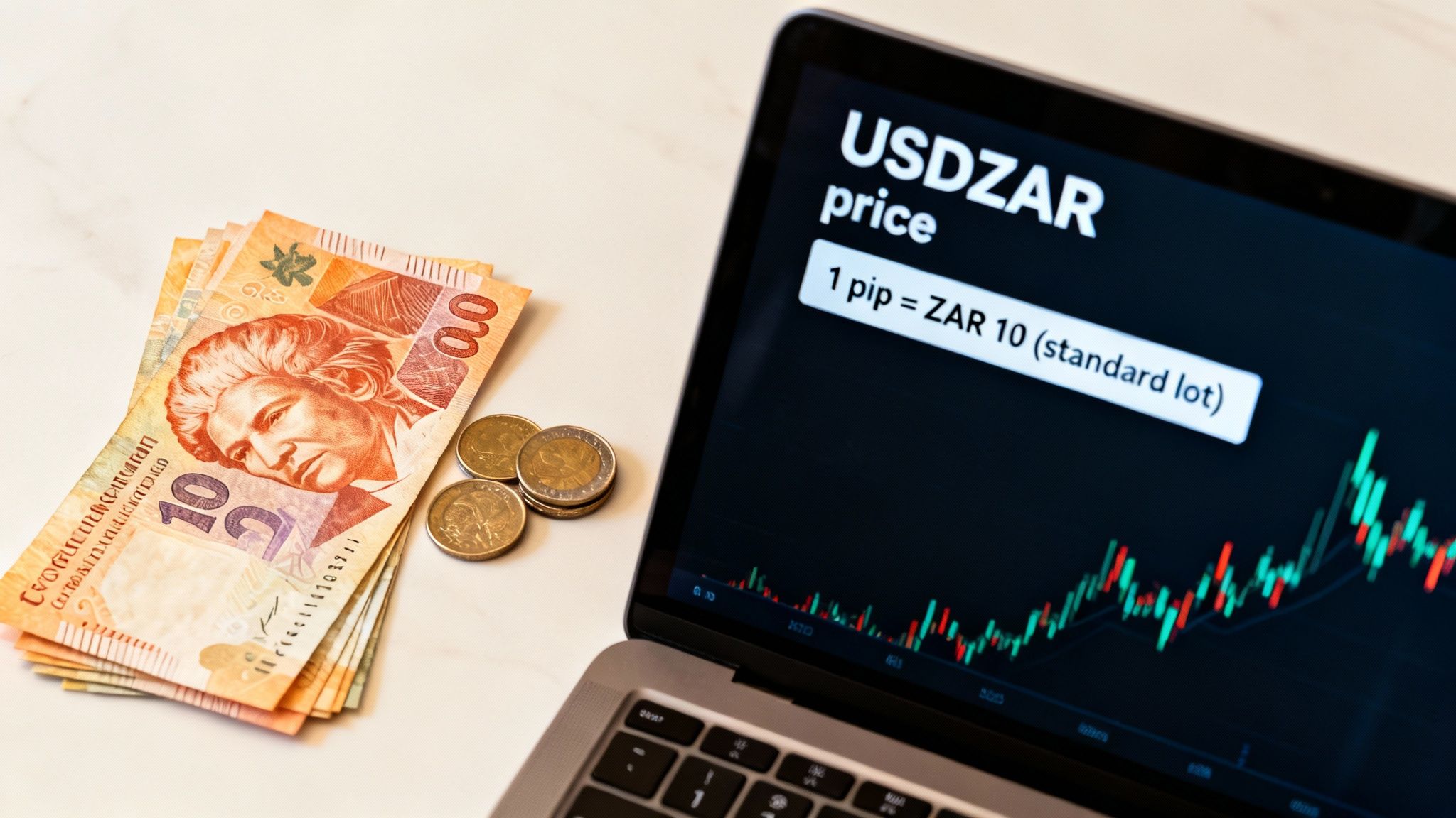 A simplified graph showing the USD/ZAR exchange rate with a clear visual representation of a single pip movement.