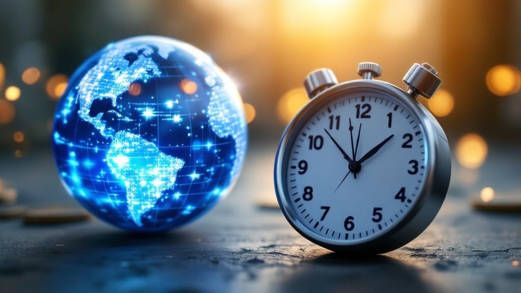 A person at a desk comparing different payment provider options on a laptop screen, with charts and graphs indicating cost and speed.