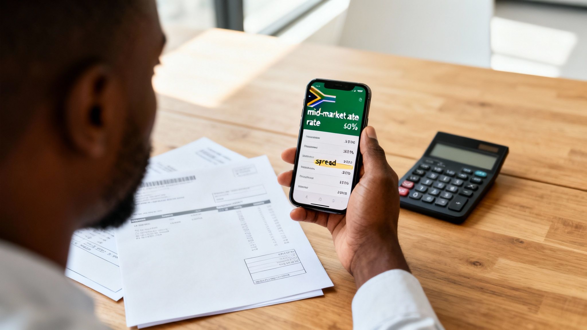 A person views a finance app showing exchange rates on a smartphone, with papers and calculator on a wooden desk.