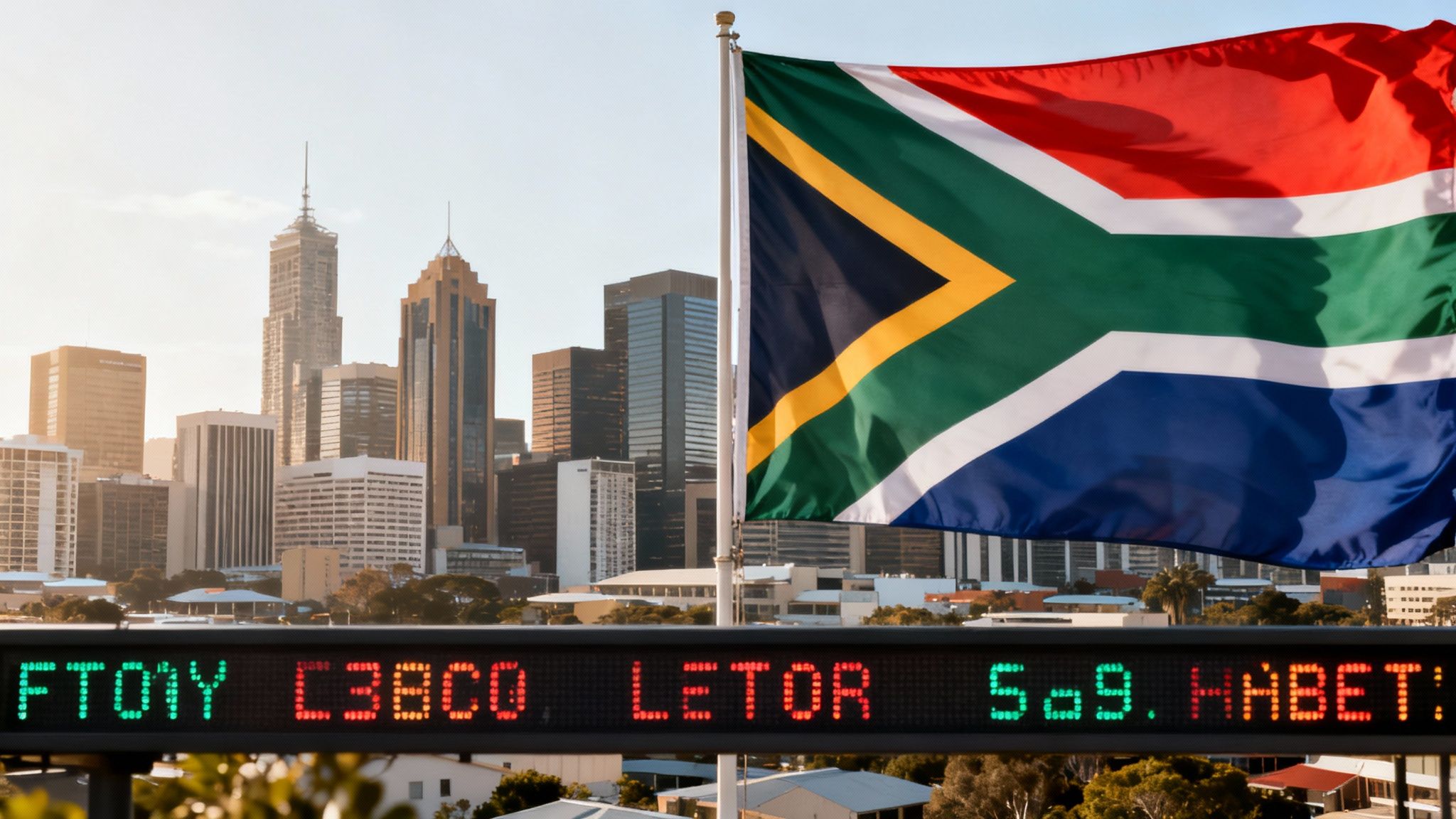 A skyline view of Johannesburg's financial district with digital forex data overlaid, representing its economic strength.