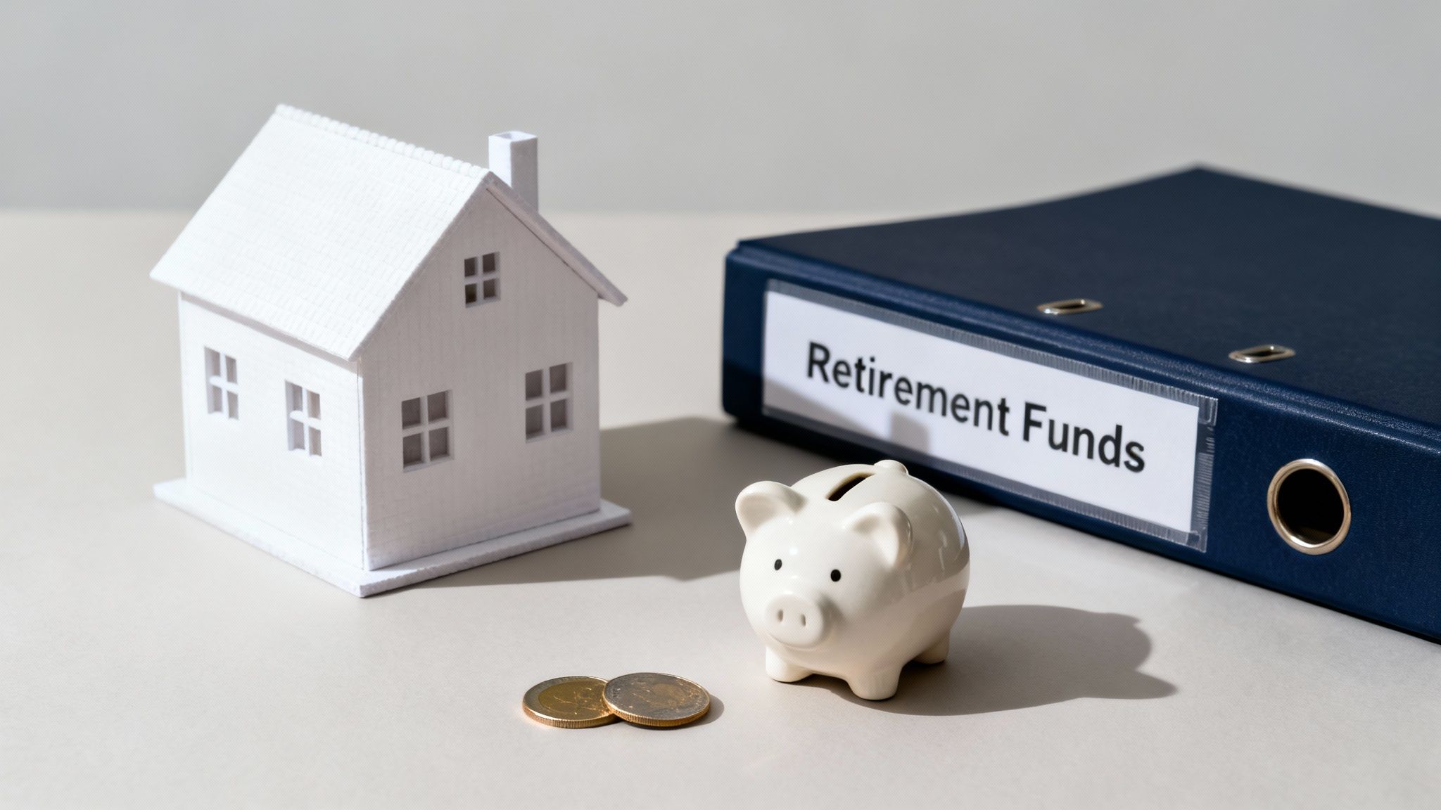 A miniature house, piggy bank with coins, and 'Retirement Funds' binder illustrate saving for retirement.