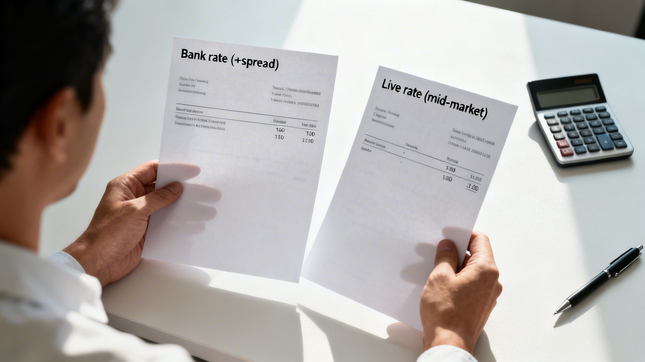 Person's hands holding two financial documents comparing bank rates and live market rates with a calculator.