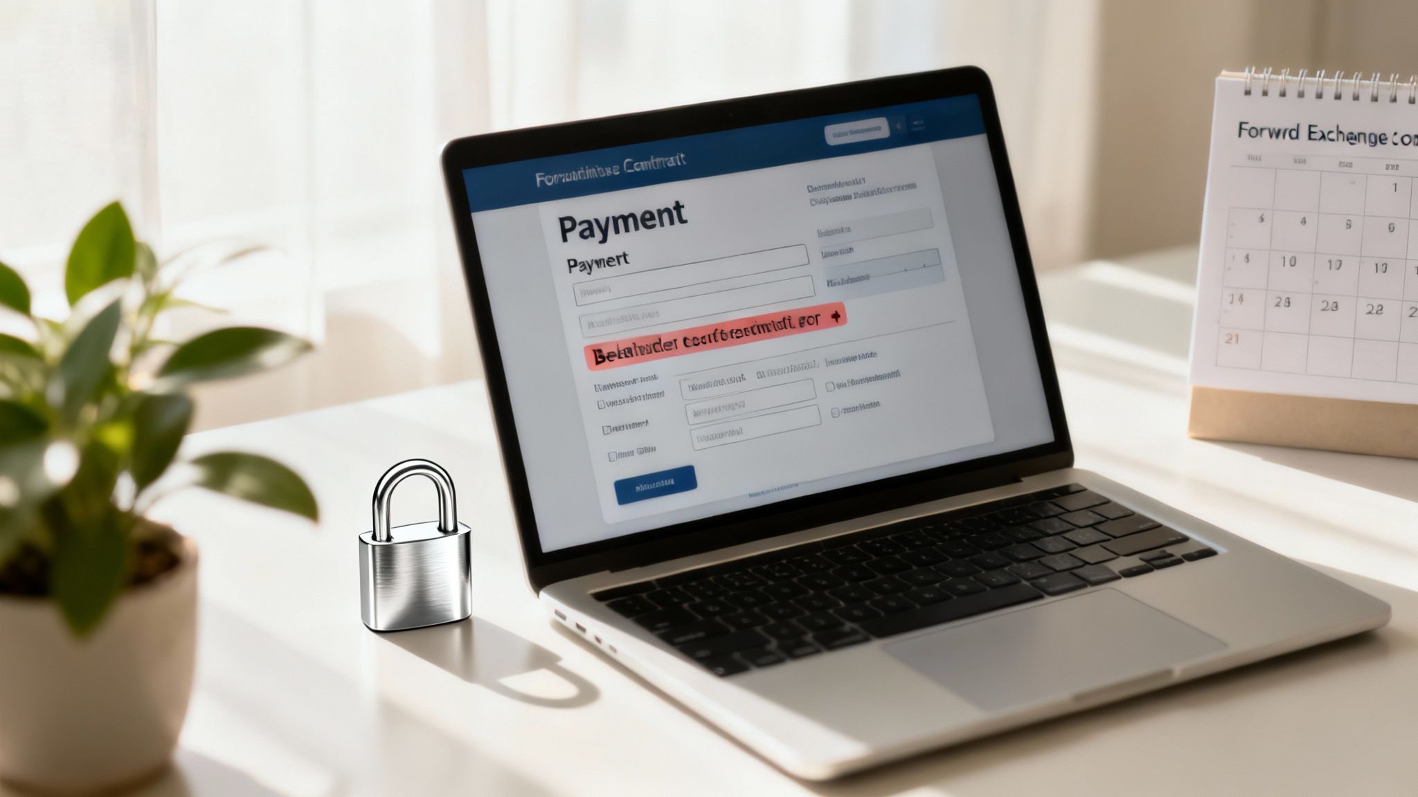 A laptop displays an online payment screen next to a security padlock, a plant, and a calendar.