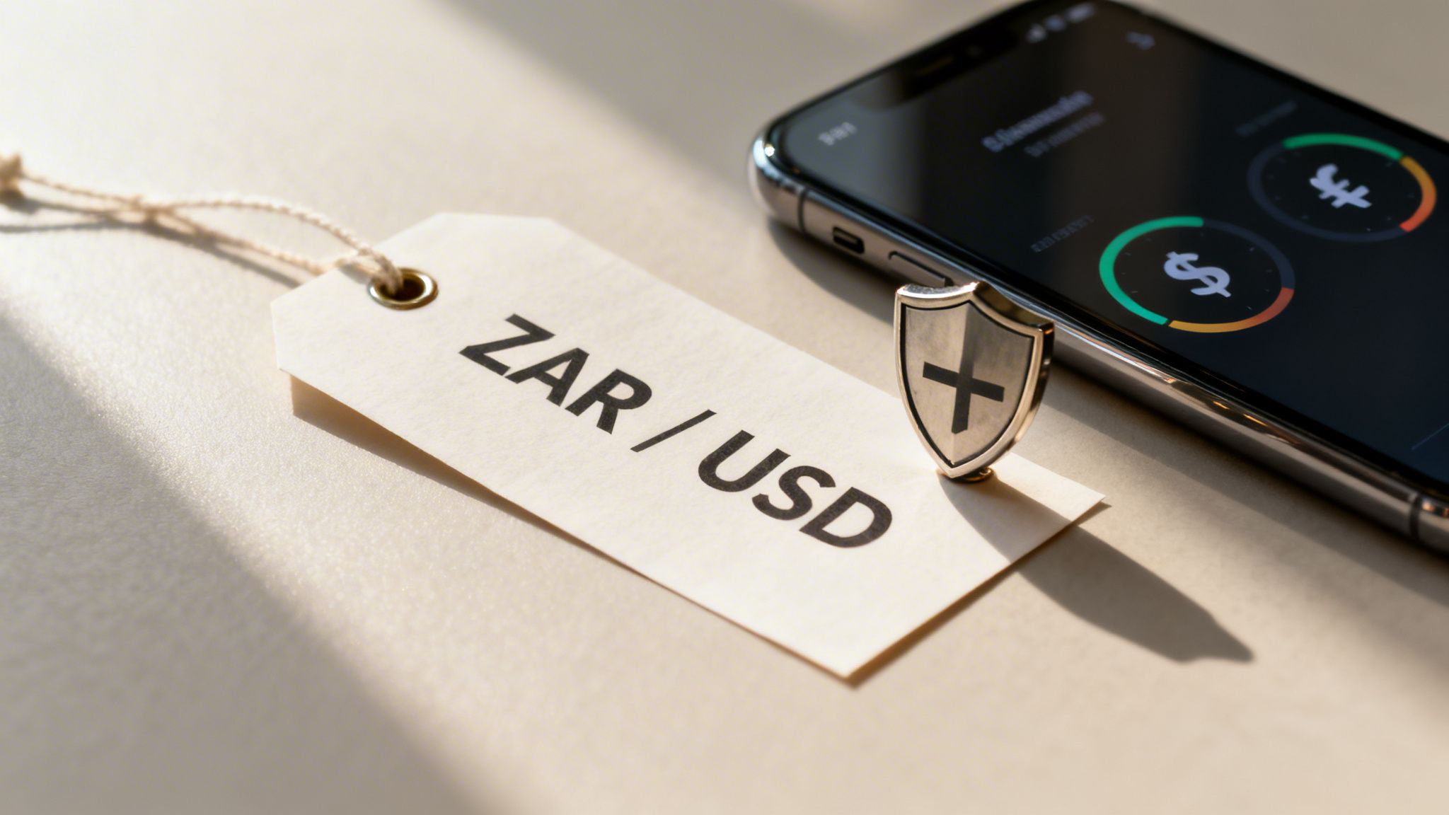 Price tag with 'ZAR / USD' currency pair, a shield, and a smartphone displaying currency exchange data.