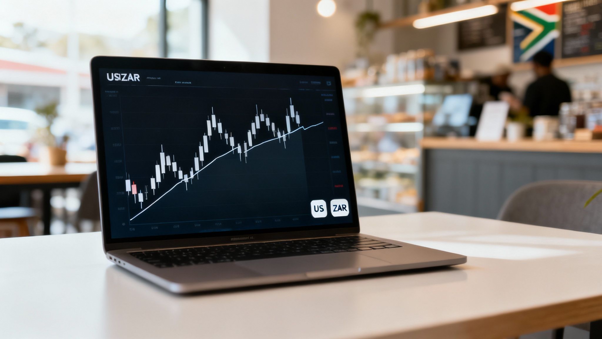 Laptop displaying a USD/ZAR live financial chart in a modern cafe environment.