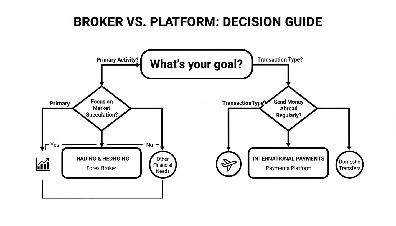 Flowchart decision guide for choosing between a Forex Broker and a Payments Platform based on financial goals.