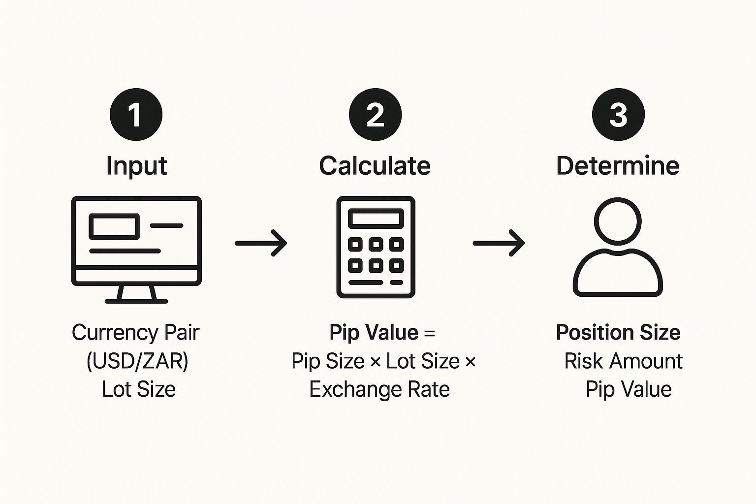 Infographic showing a three-step process: Step 1 shows inputs like Currency Pair and Lot Size. Step 2 shows the formula for Pip Value. Step 3 shows the formula for Position Size, with arrows connecting each step.