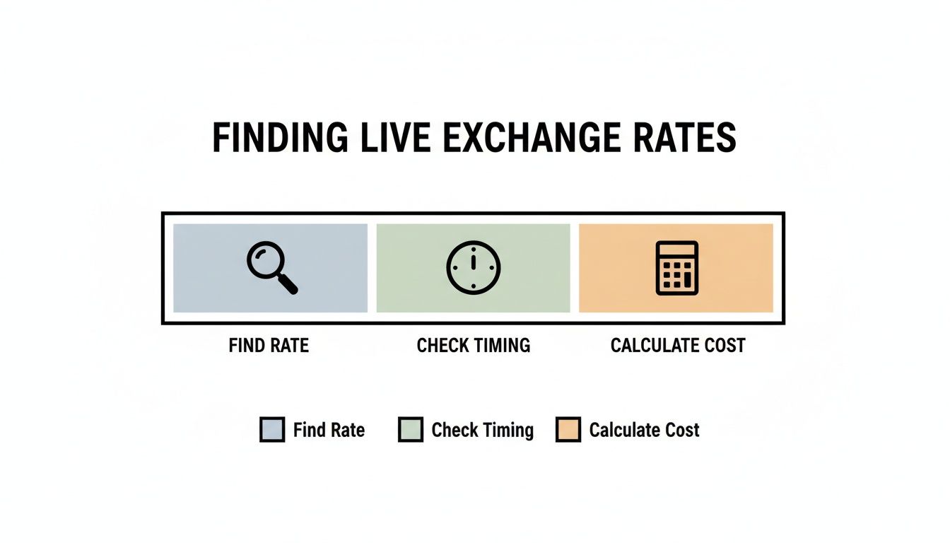 Three-step infographic illustrating how to find live exchange rates: find rate, check timing, and calculate cost.