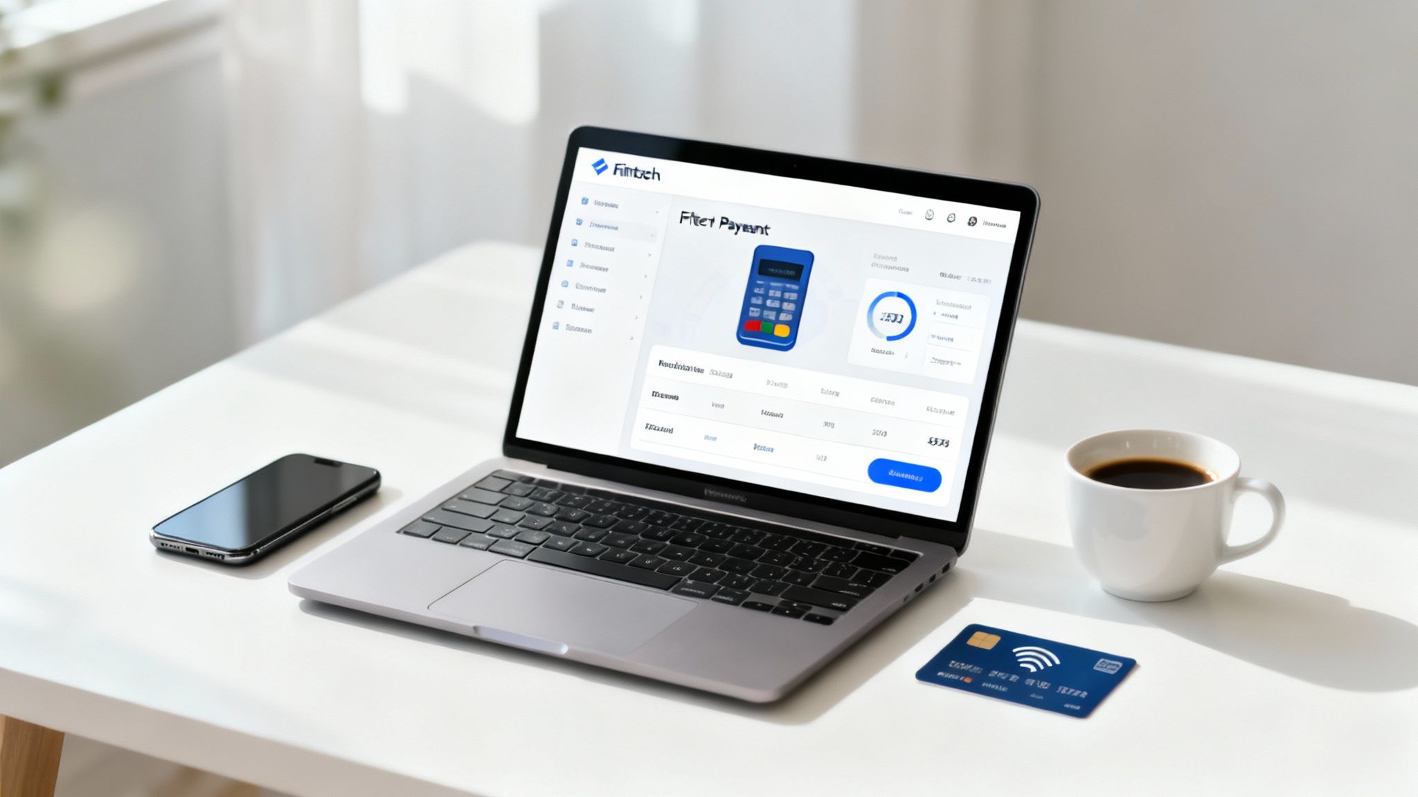 A laptop displaying a fintech application, with a smartphone, coffee cup, and credit card on a desk.