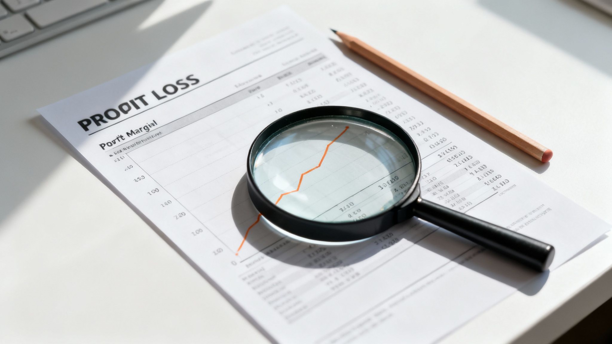 A magnifying glass hovering over financial charts and graphs, indicating analysis and insight discovery.