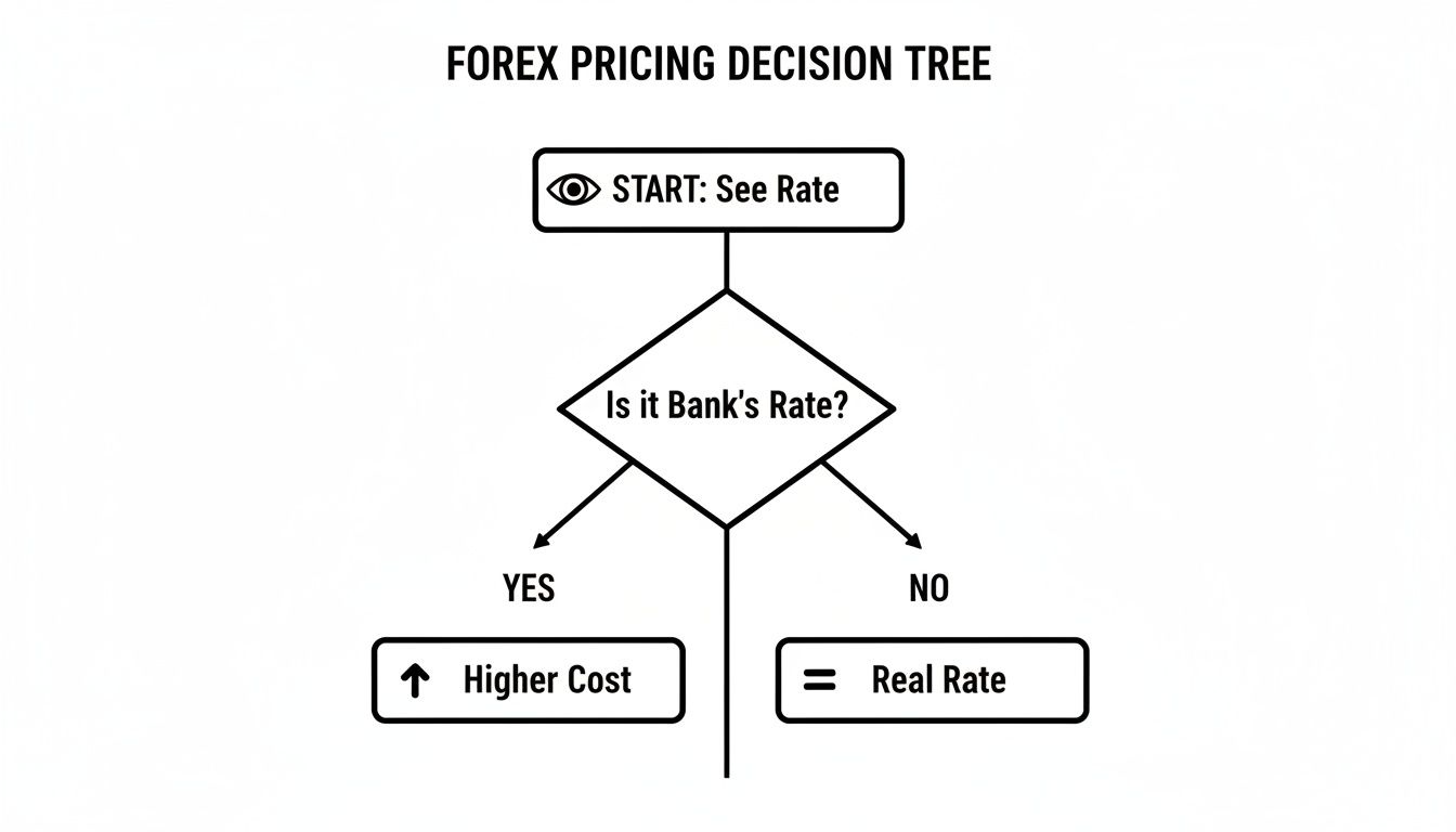 Forex pricing decision tree flowchart to determine rate, leading to higher cost or real rate.