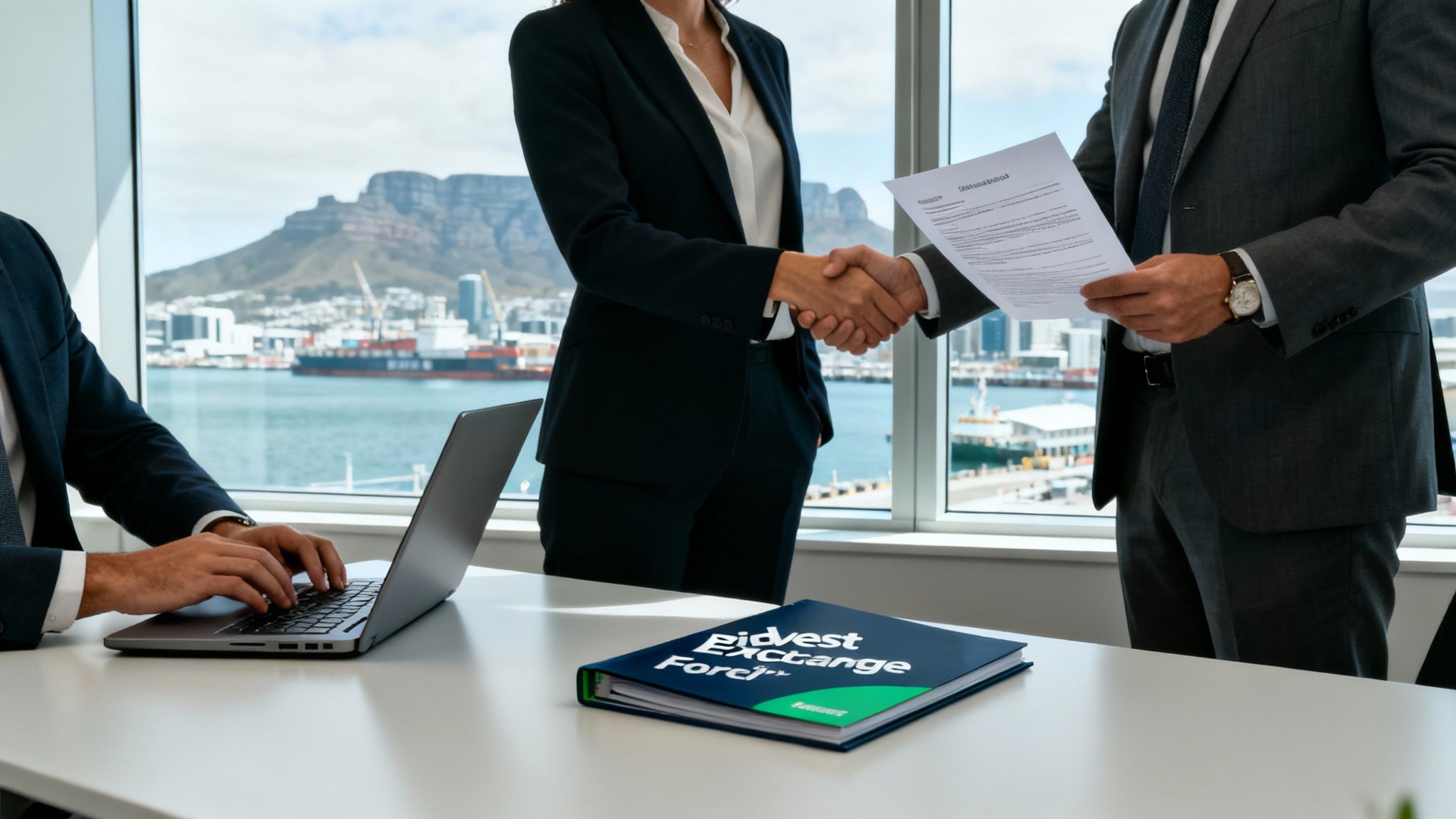 Business professionals shaking hands, reviewing documents, and working on a laptop in an office overlooking a harbor.