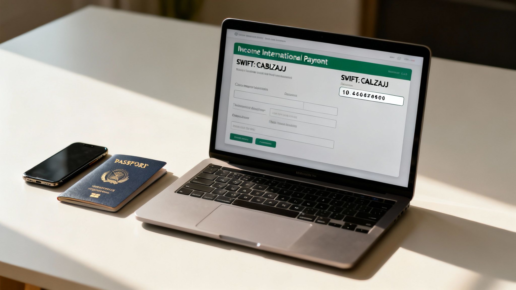 A laptop displays an international payment form next to a passport and smartphone on a desk.