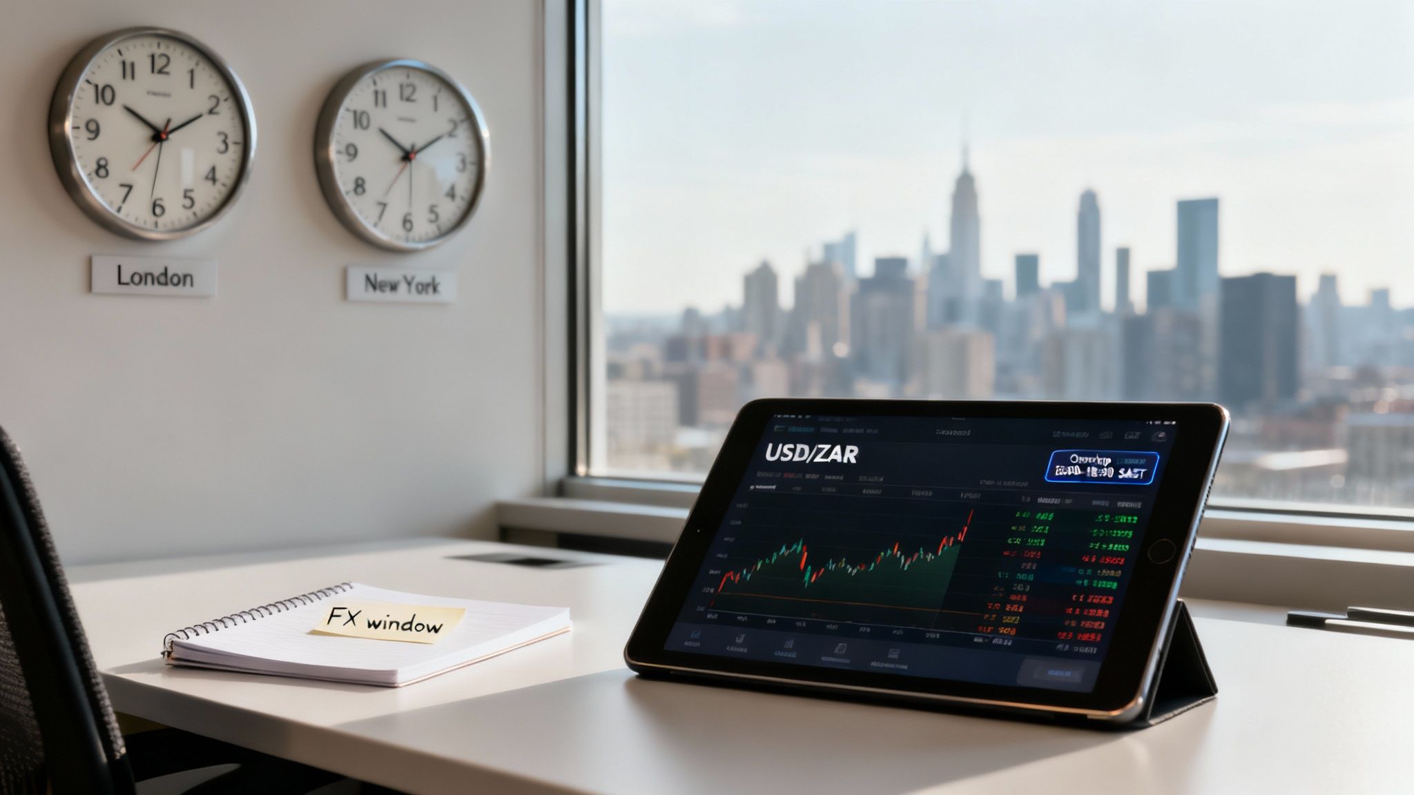 A desk with a tablet displaying USD/ZAR forex charts, London and New York clocks, and a city skyline.
