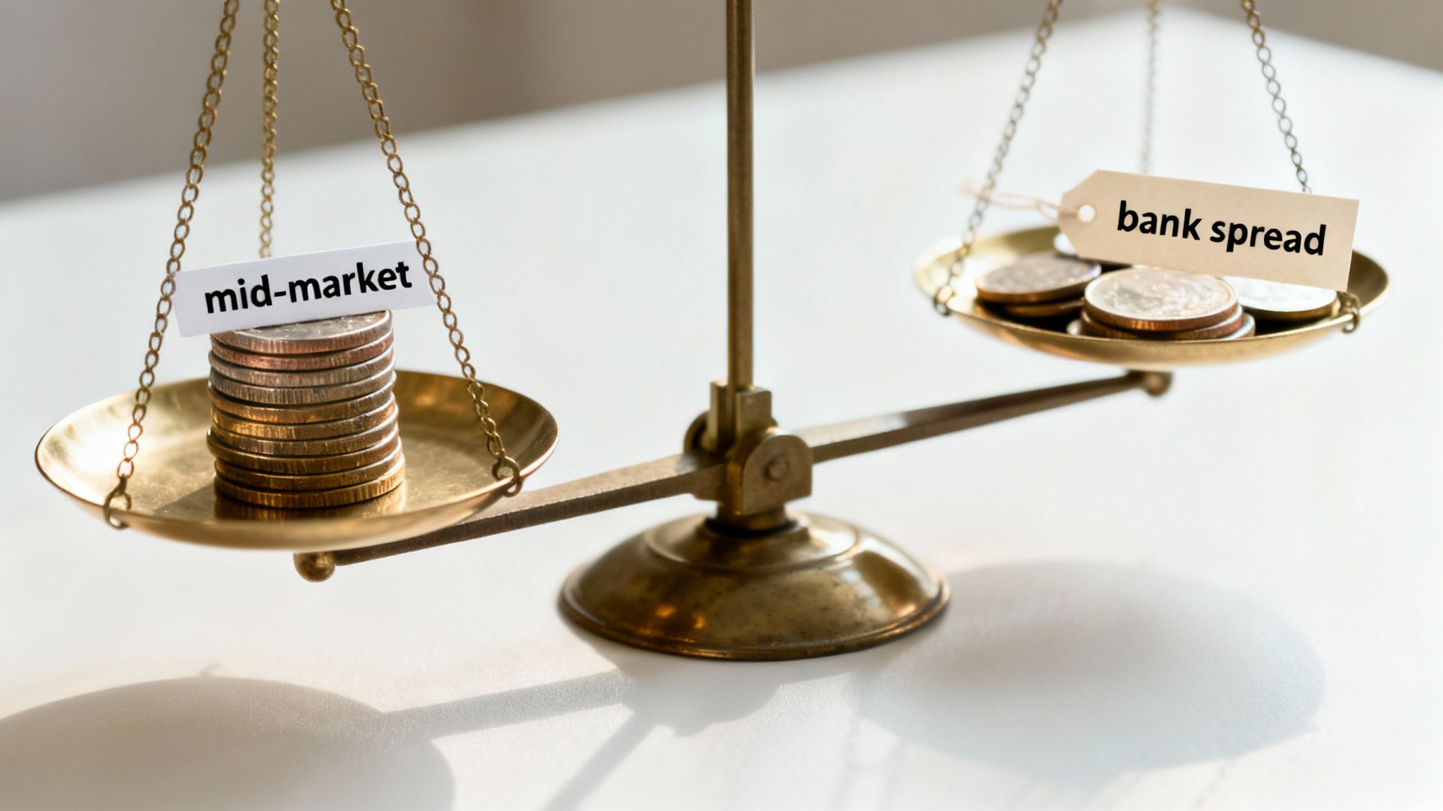 A golden balance scale comparing a stack of 'mid-market' coins to fewer 'bank spread' coins.