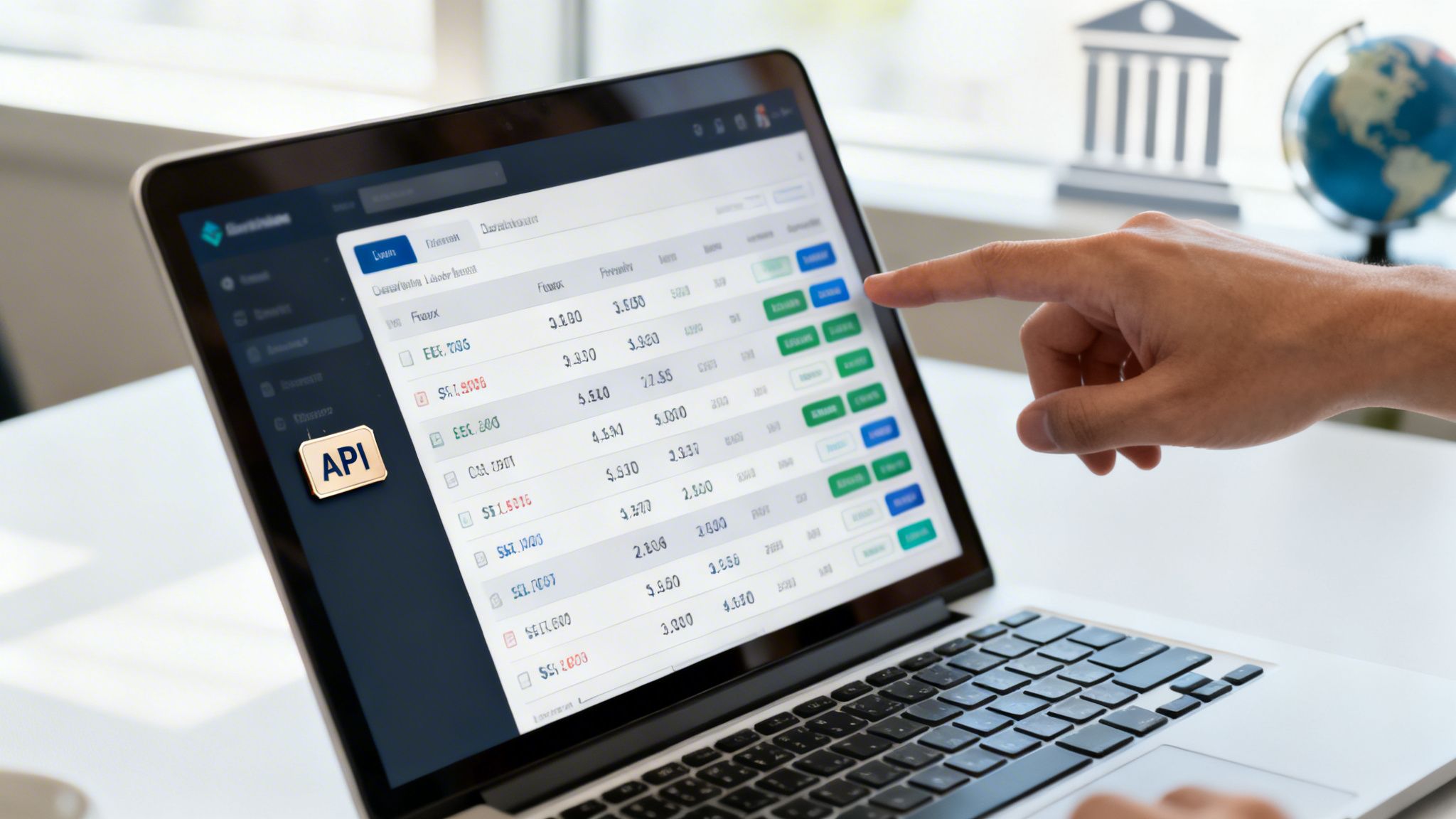 A hand points at a laptop screen displaying a live exchange rate interface with an 'API' label.