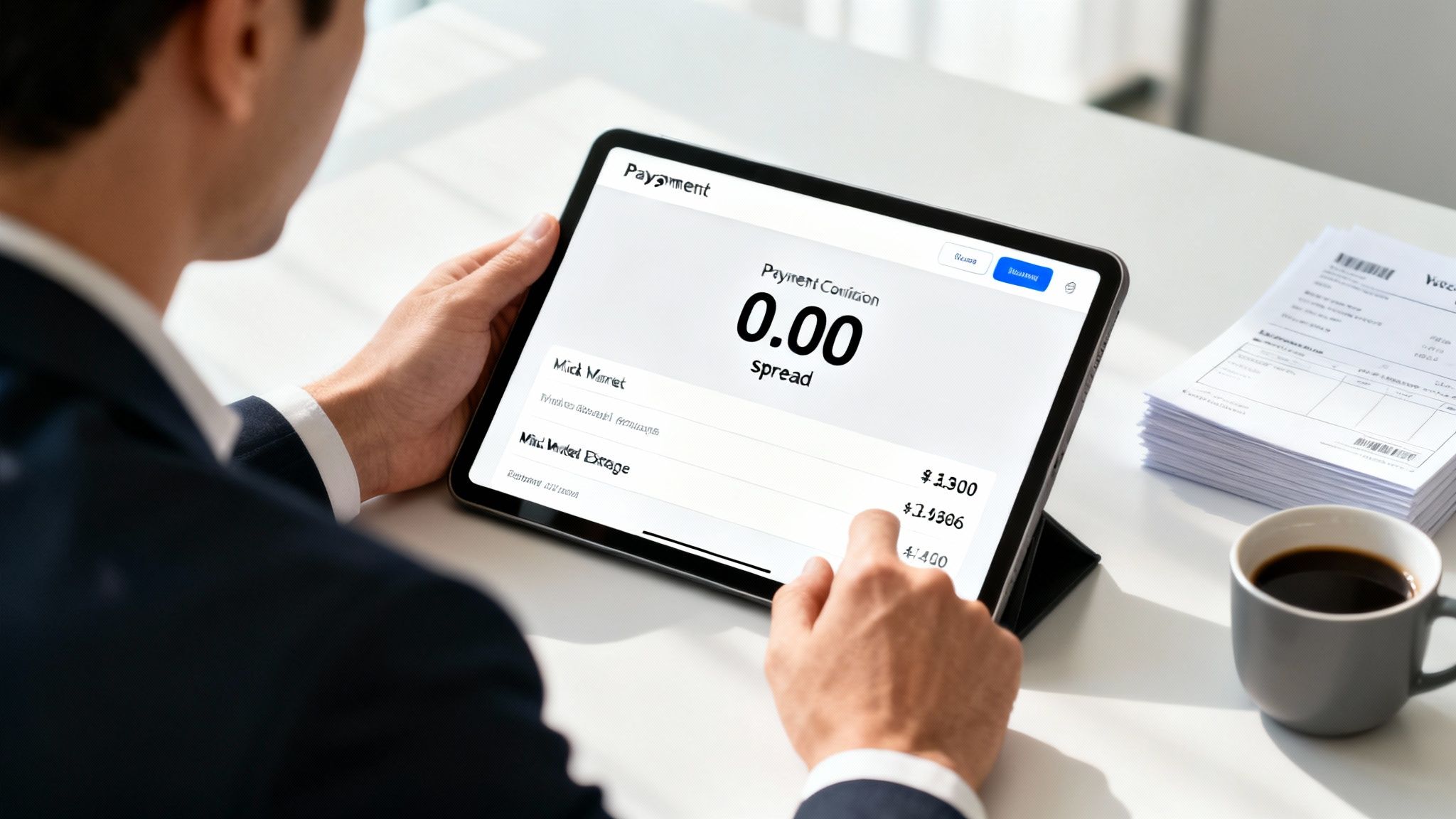 A man uses a tablet displaying a financial app with '0.00 spread' and payment details.