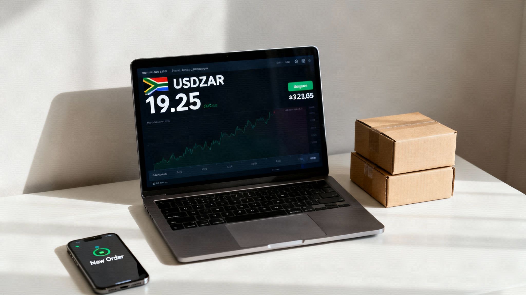 Laptop displaying USDZAR currency exchange rate chart with smartphone showing new order notification and shipping boxes